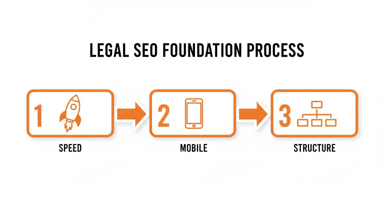 Infographic illustrating the Legal SEO Foundation Process with three steps: Speed, Mobile, and Structure.