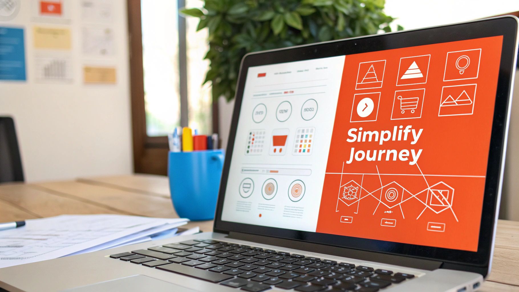 A magnifying glass focusing on a landing page call-to-action button, symbolising optimisation