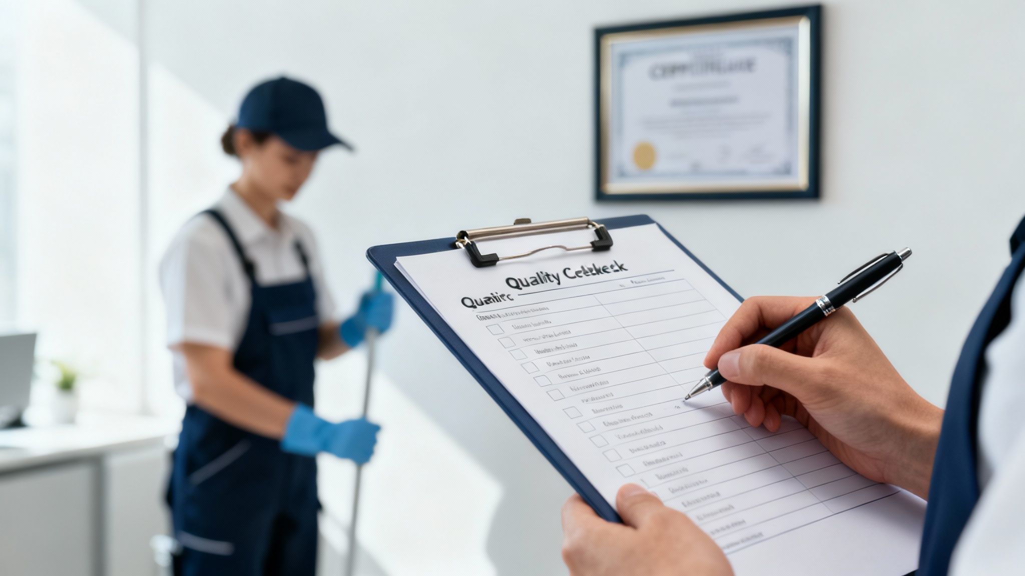 A professional cleaner in uniform diligently cleaning a commercial office space.
