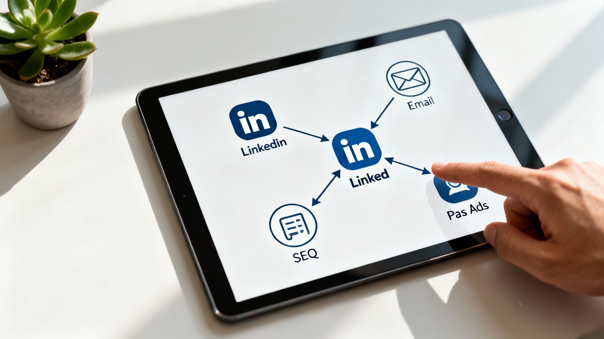 A hand interacts with a tablet showing a LinkedIn marketing strategy connecting email, ads, and SEO.