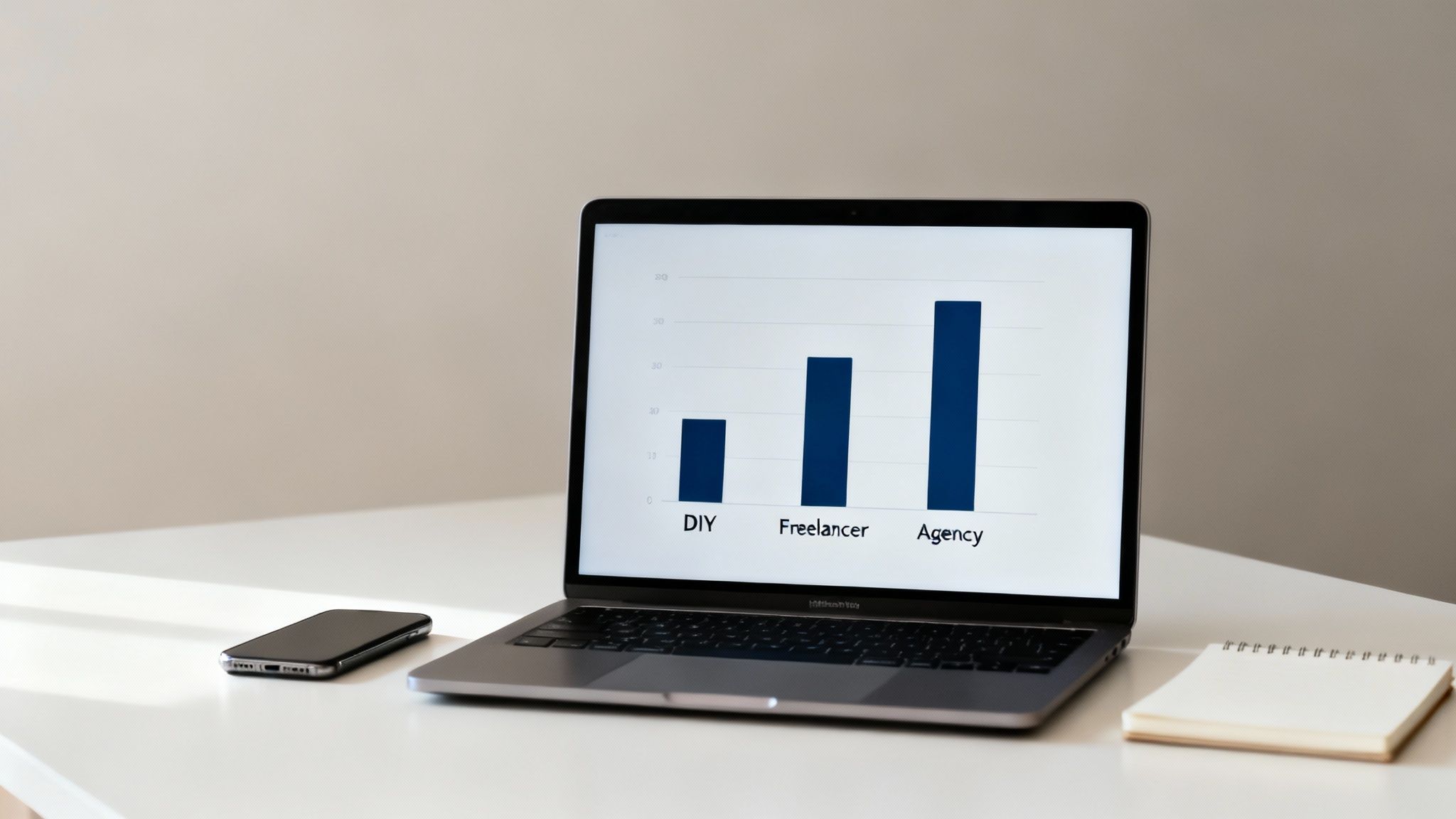 Laptop displaying a bar chart comparing website design options: DIY, Freelancer, and Agency.