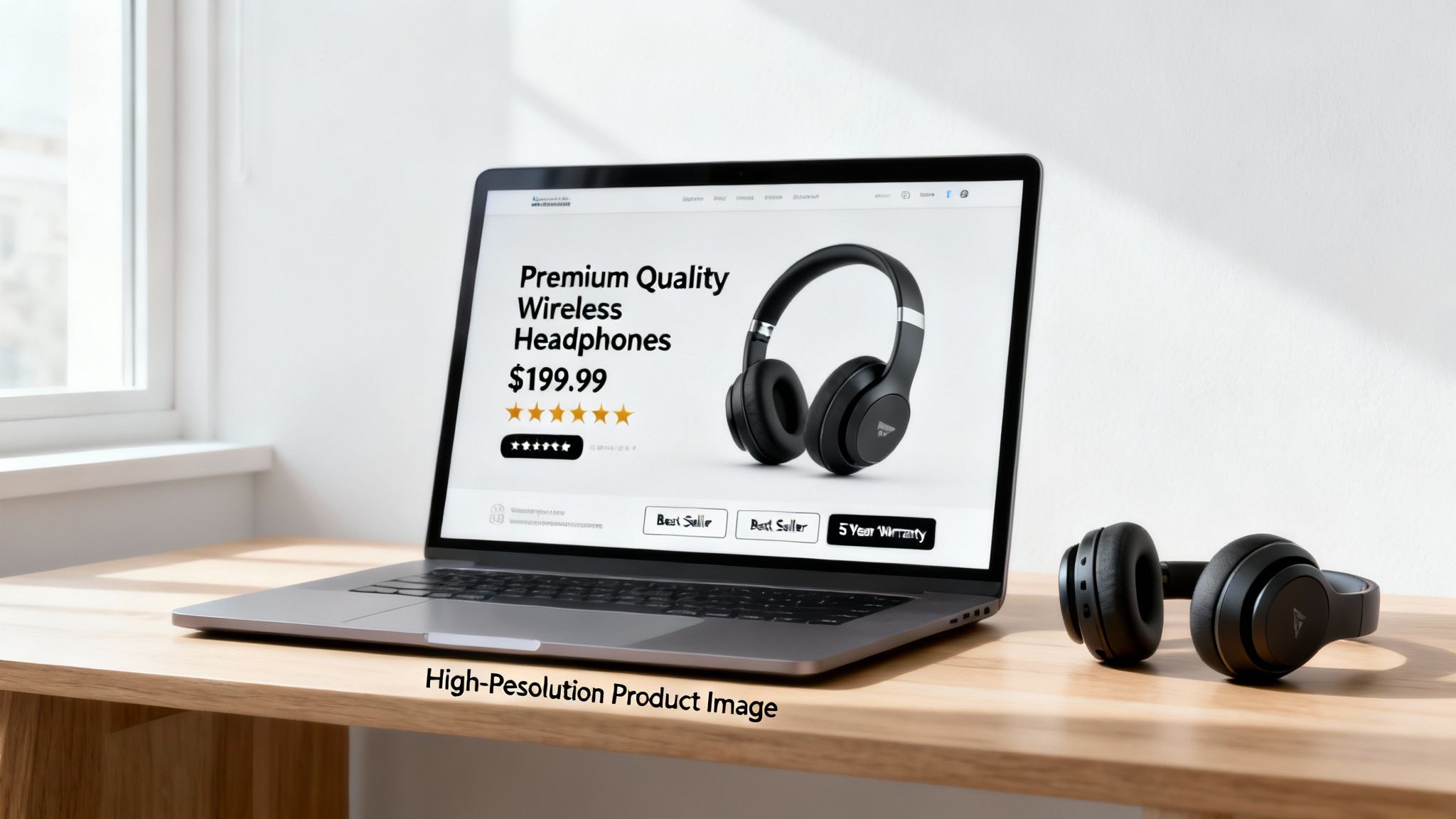 Laptop displaying an e-commerce product page for black wireless headphones, with a pair on a wooden desk.