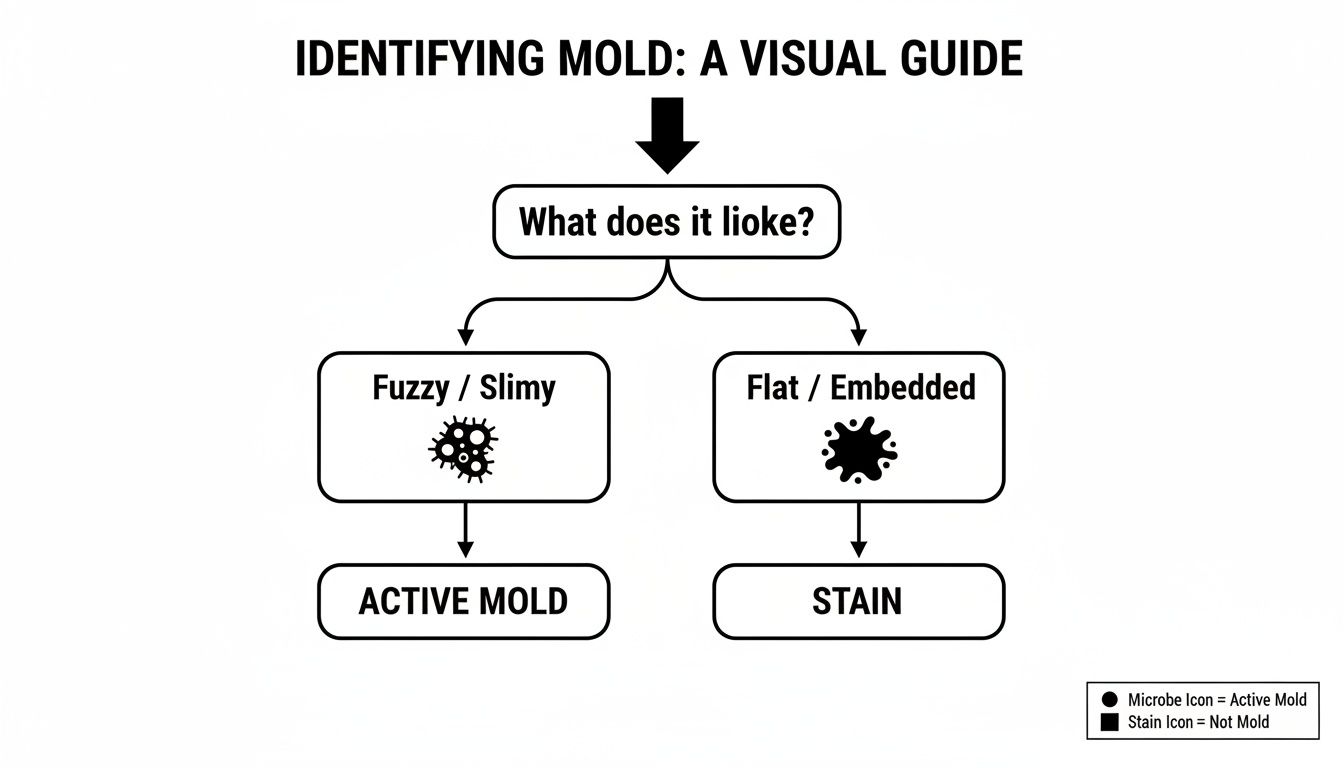 A flowchart visually guides identifying mold, distinguishing active mold from stains by texture.