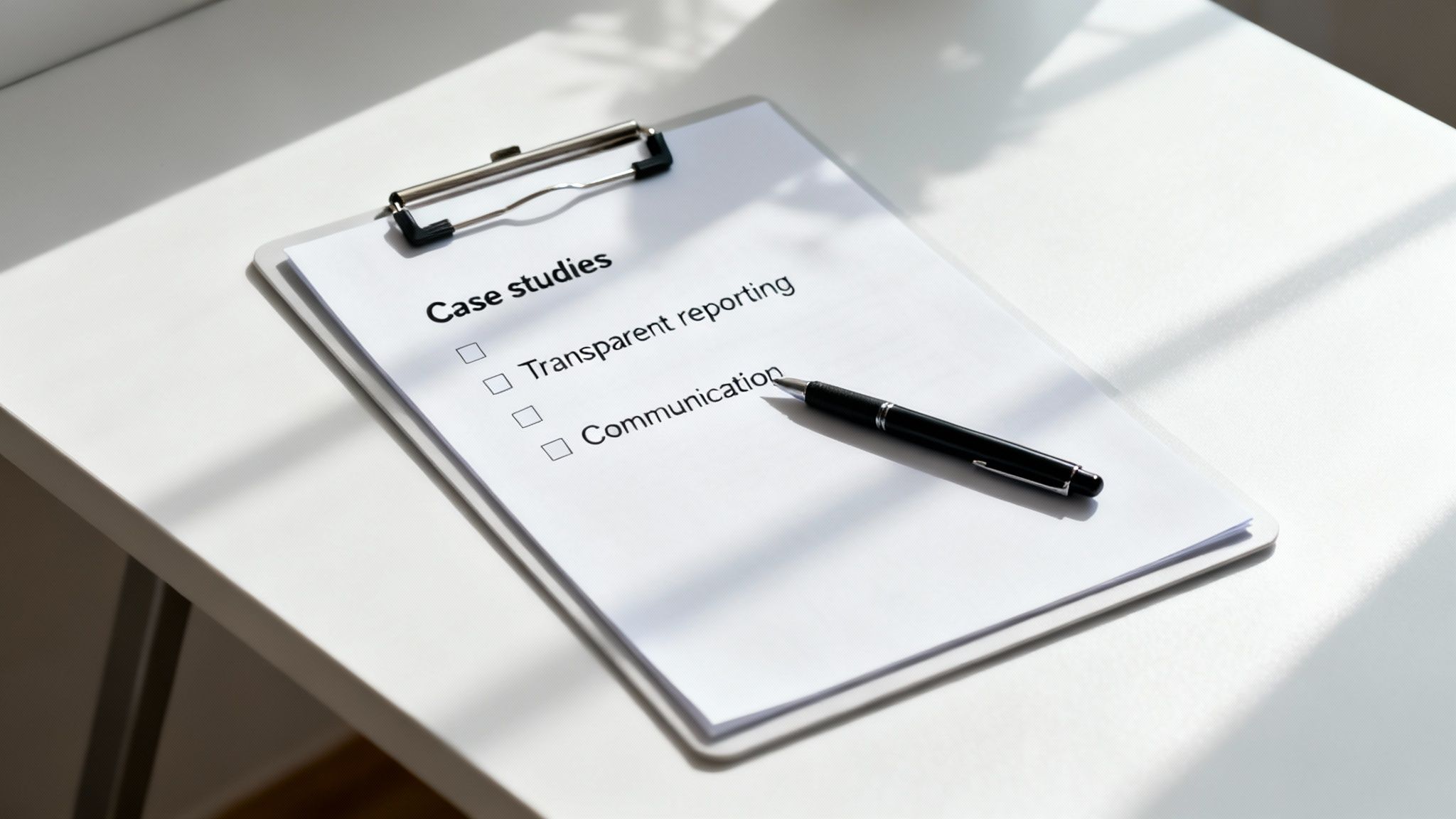 A close-up of a clipboard with a checklist including 'Case studies', 'Transparent reporting', and 'Communication', with a pen resting on it.