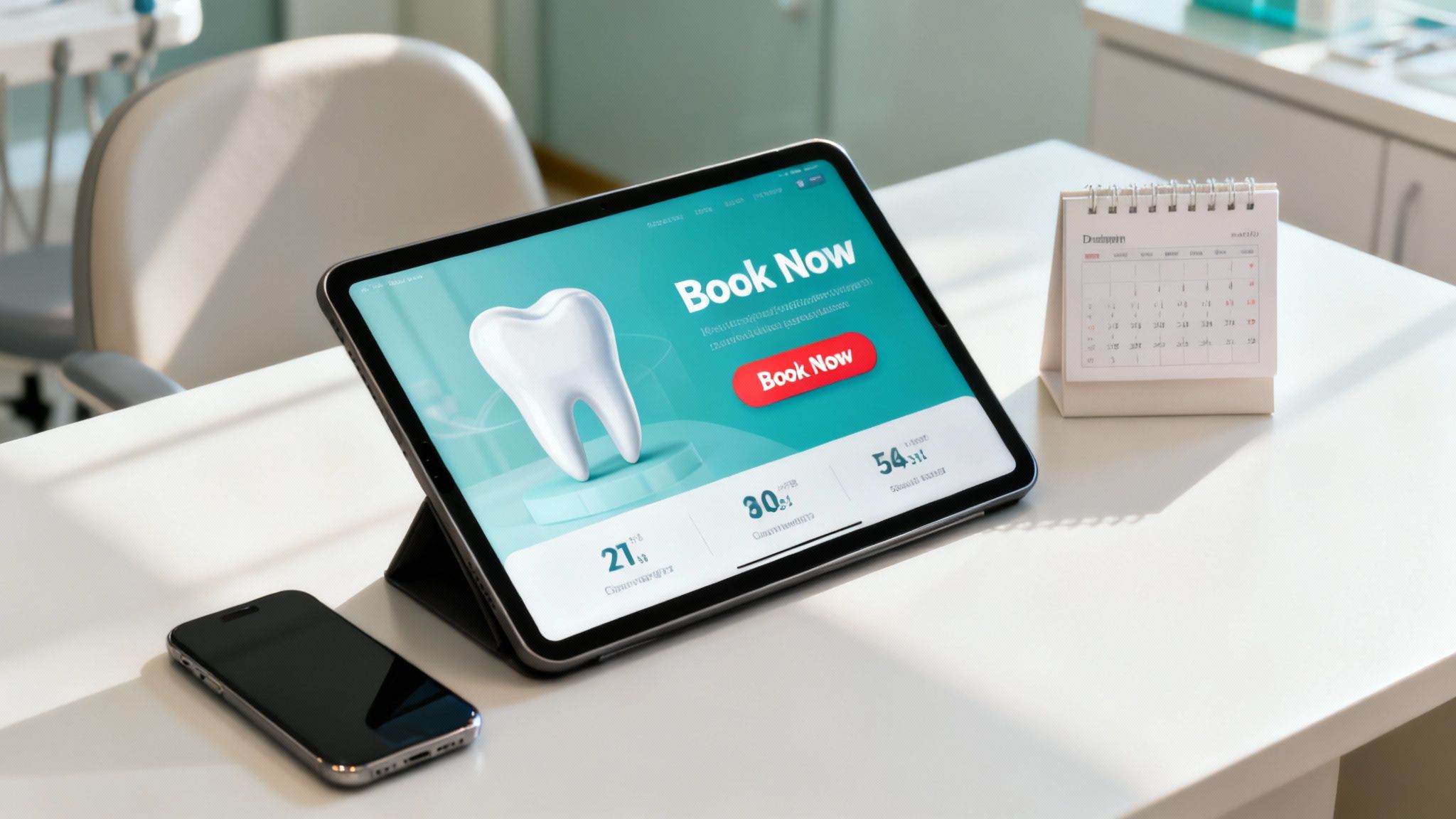 A tablet with a 'Book Now' dental app, a smartphone, and a calendar on a white desk.