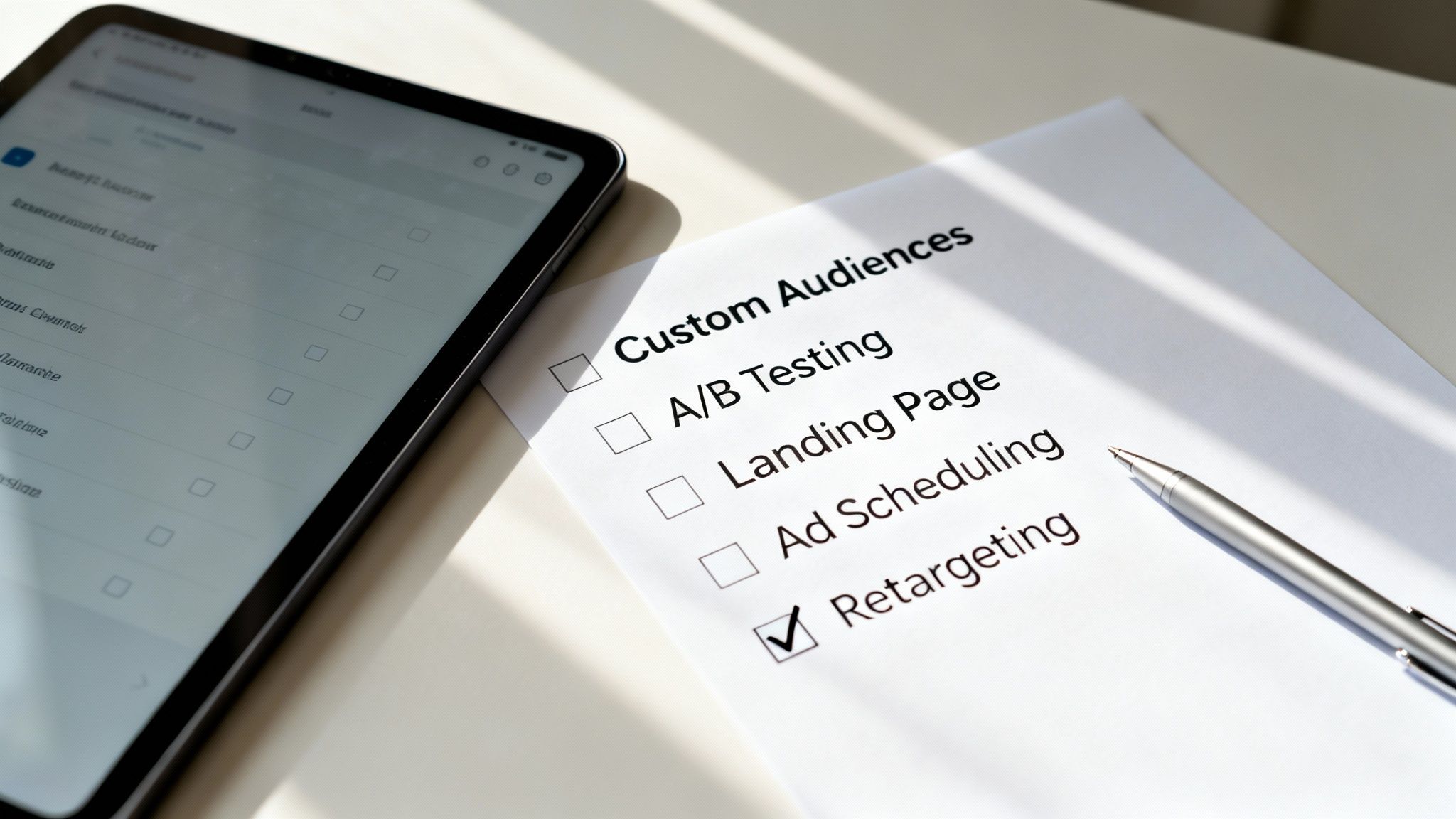 A marketing checklist for custom audiences with 'Retargeting' checked, next to a tablet.