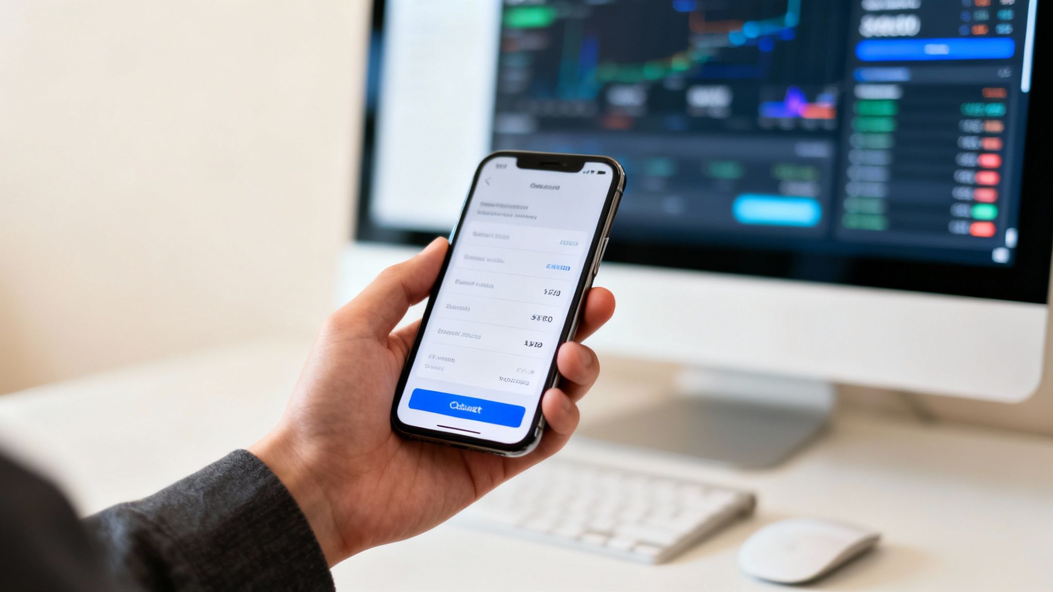 A person holds a smartphone displaying a financial app, with a computer monitor showing stock charts in the background.