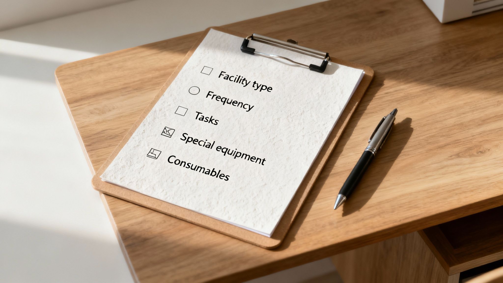 A professional cleaner sanitising a modern office reception area.