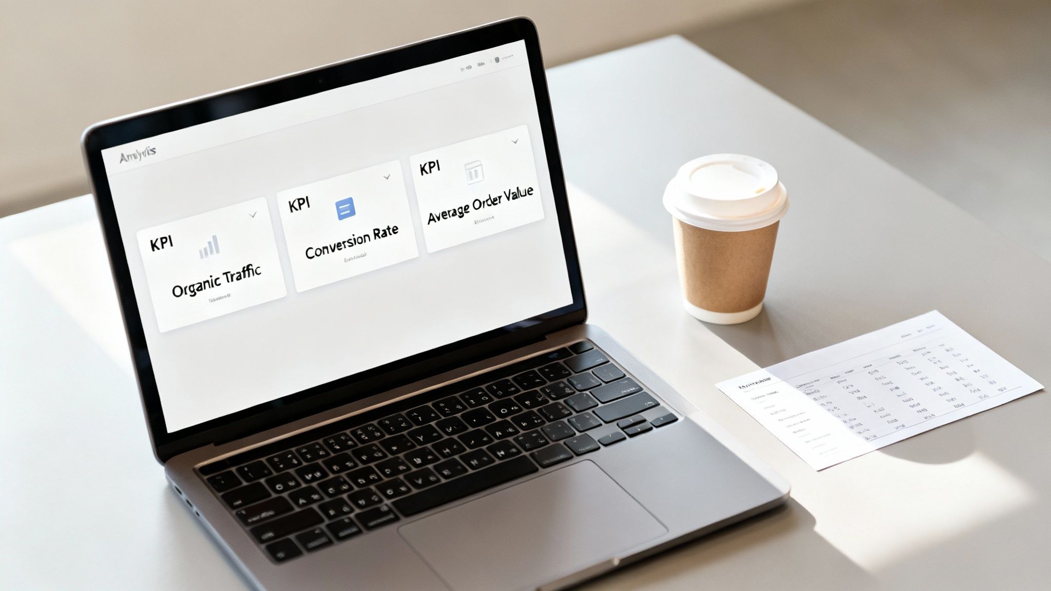 Laptop displaying an e-commerce analytics dashboard with KPIs for organic traffic and conversion rate.
