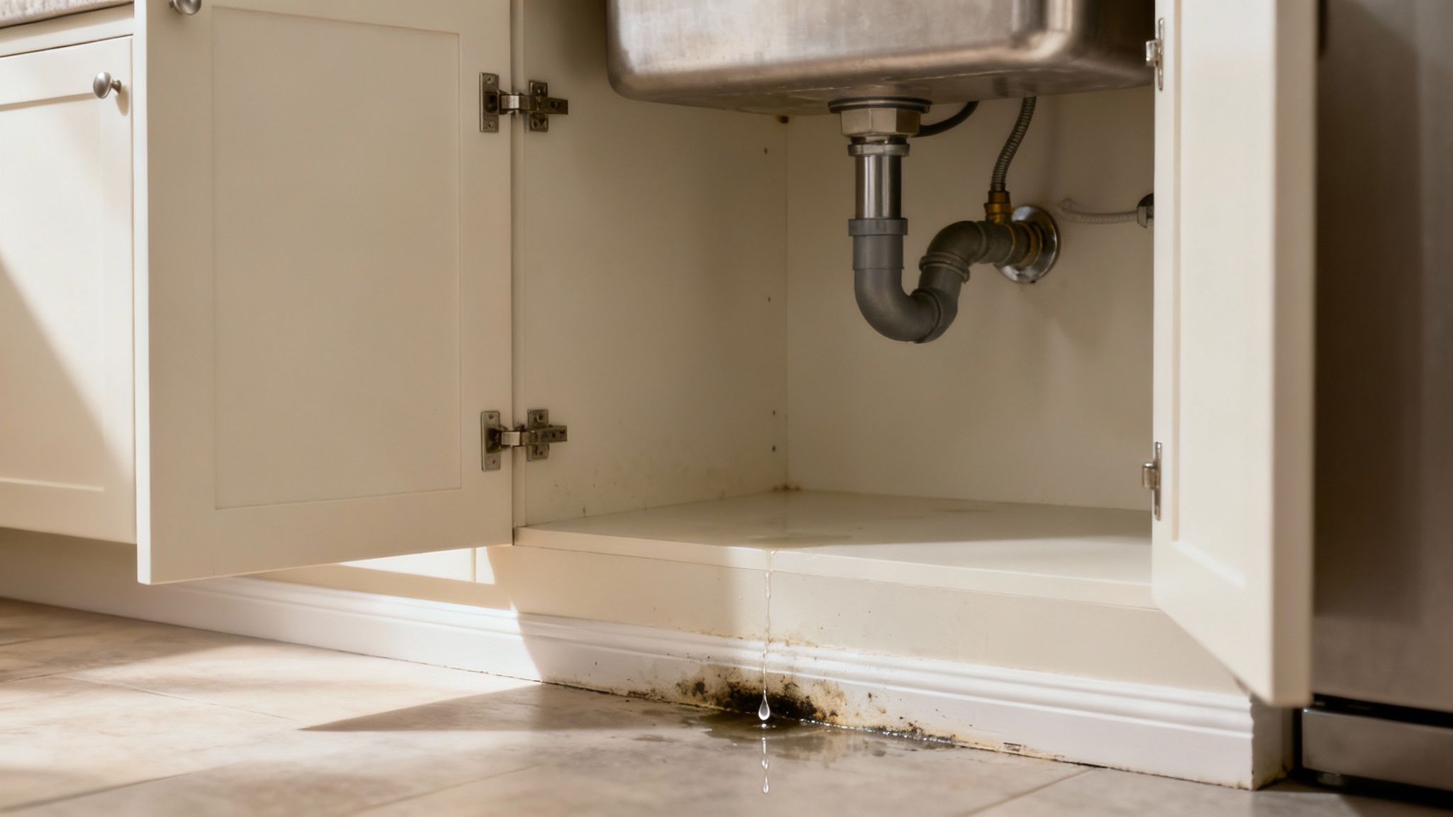 A person inspecting for a leak under a kitchen sink with a torch.