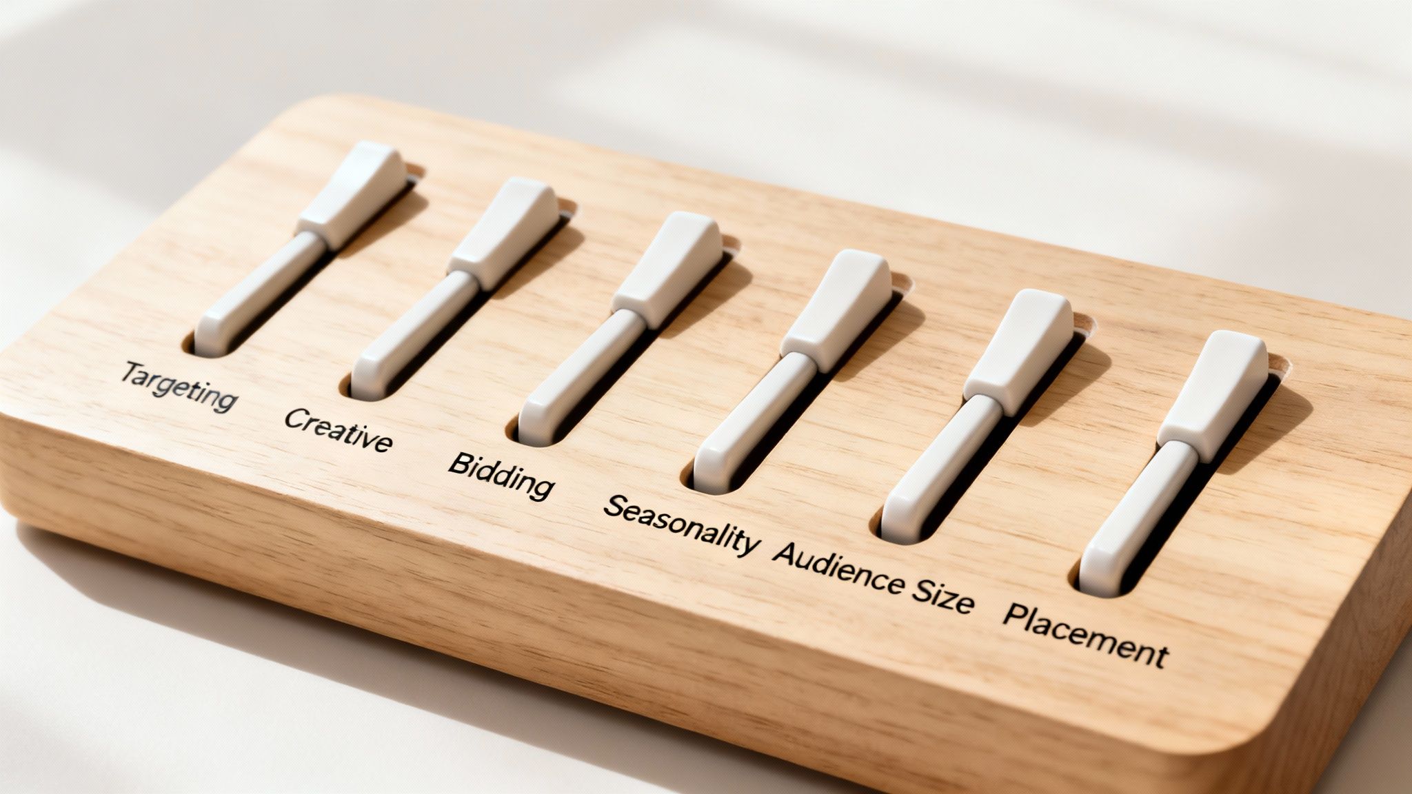 Six white sliders on a wooden block labeled with advertising campaign controls.