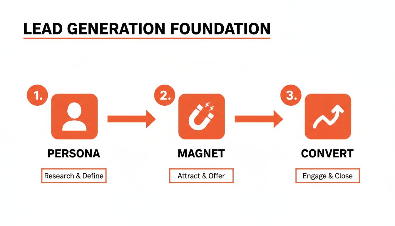 A visual diagram outlining the three-step lead generation foundation: Persona, Magnet, Convert.