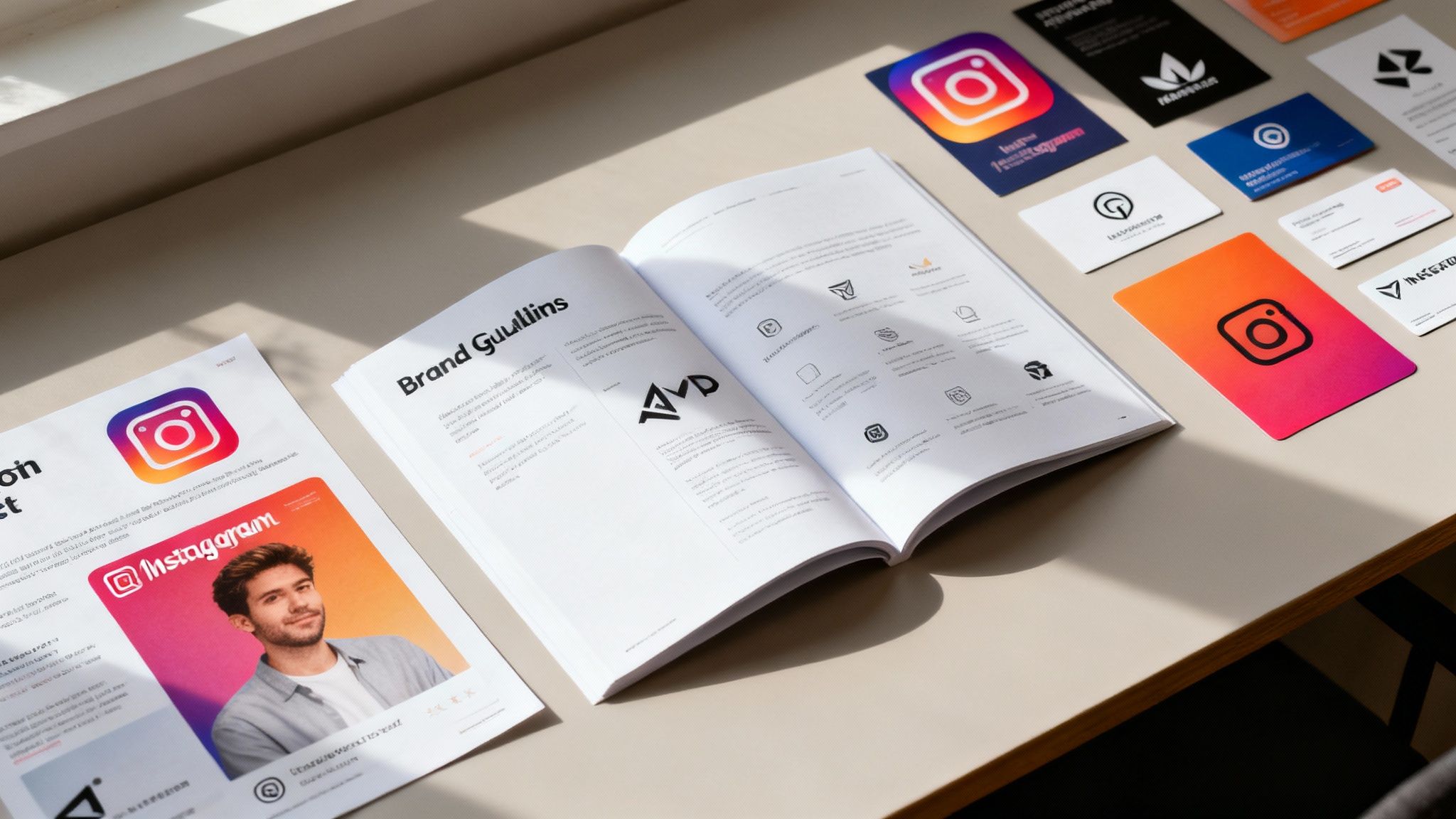 Open brand guidelines book on a desk with various logo prints and Instagram branding materials.