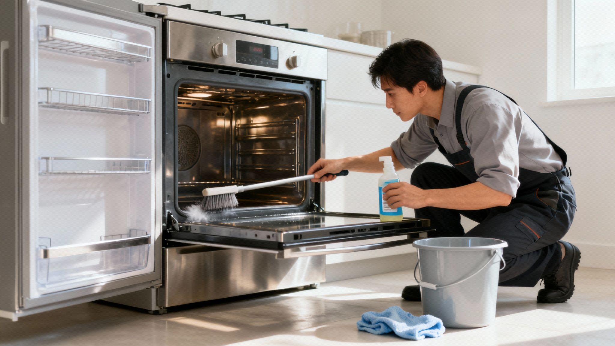 A professional team deep cleaning a commercial kitchen