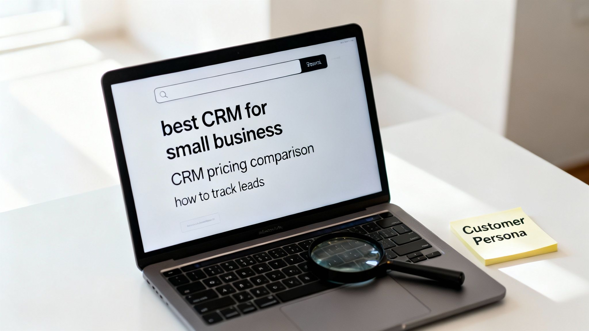 Laptop screen shows search for 'best CRM for small business' with a magnifying glass and 'Customer Persona' note.