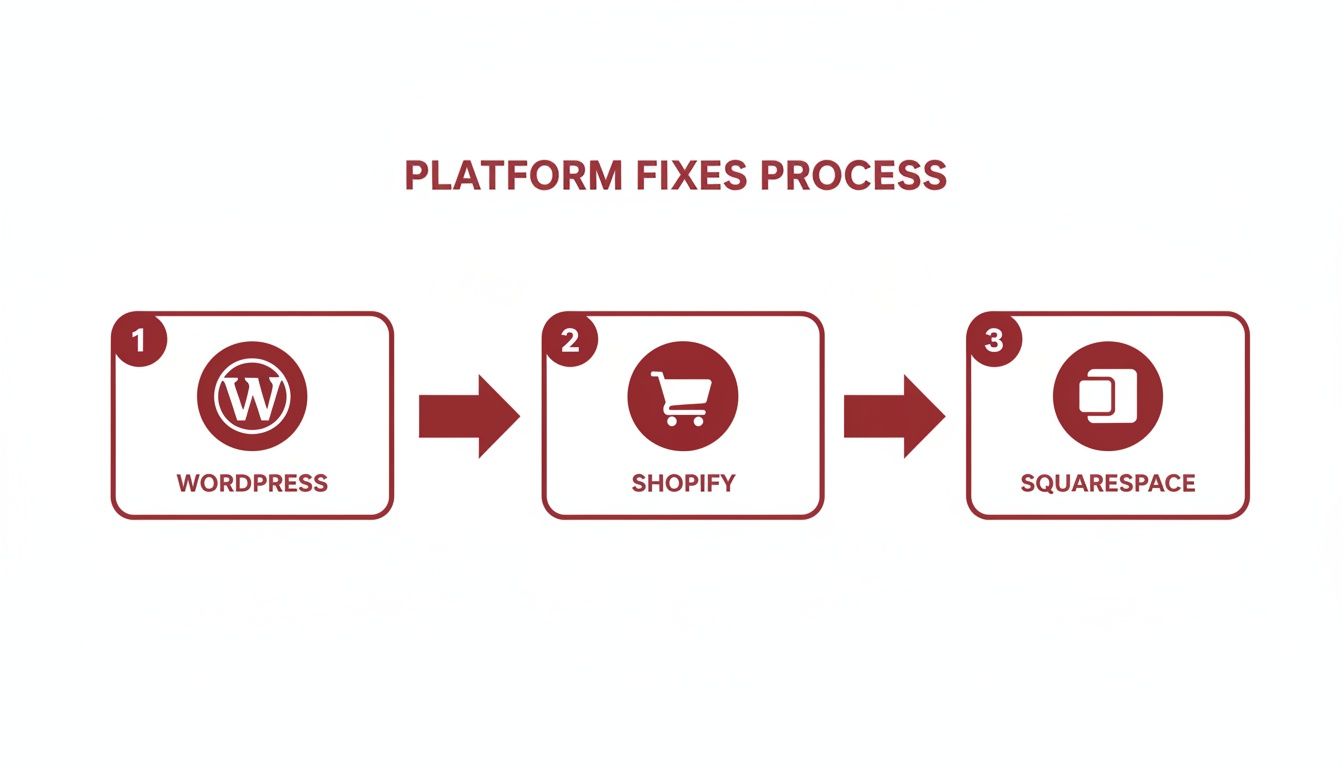 A process flow diagram illustrating platform fixes for WordPress, Shopify, and Squarespace websites.