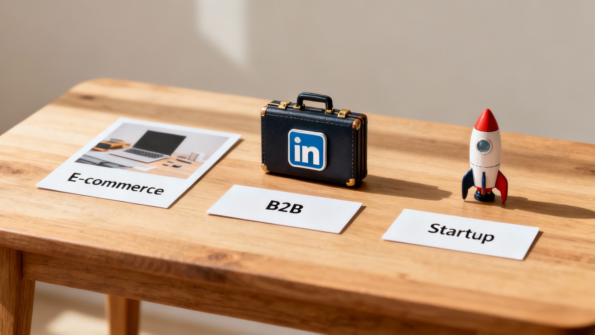 LinkedIn briefcase with E-commerce, B2B, and Startup cards alongside rocket on wooden table