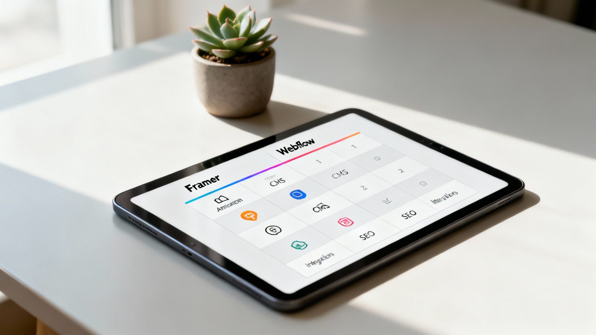 A stylised image showing overlapping feature icons for Framer and Webflow, such as animation tools and CMS symbols, representing a deep dive into their core capabilities.
