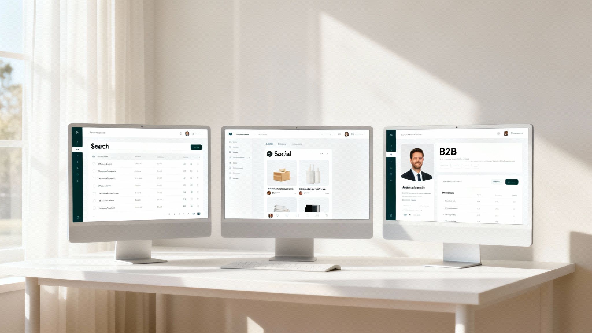 Three desktop monitors on a clean white desk displaying search, social, and B2B interfaces.