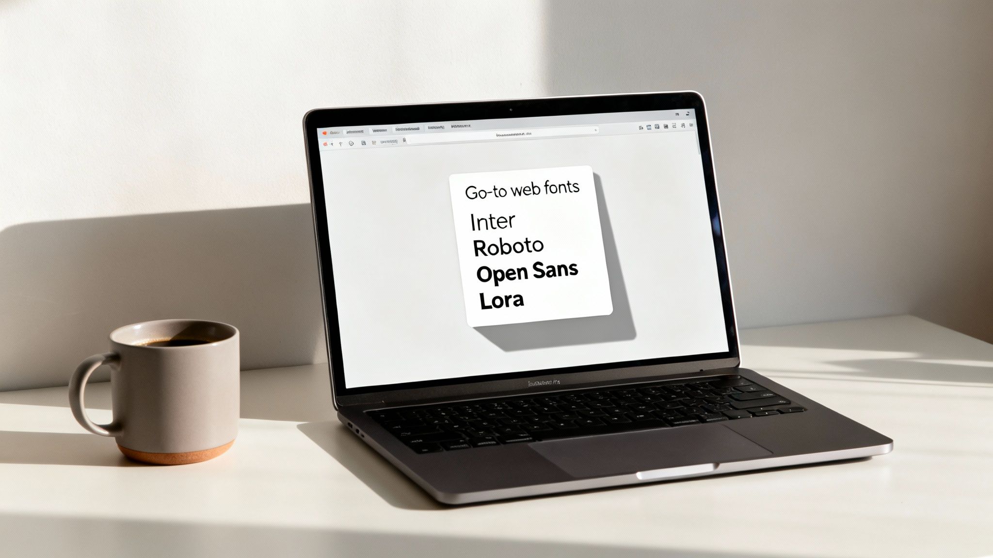A MacBook laptop shows web fonts next to a coffee mug on a sunlit white desk.