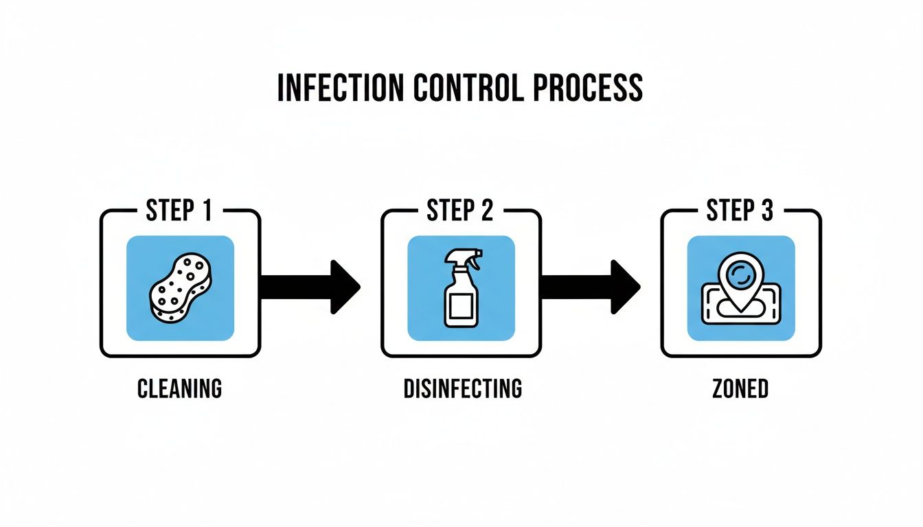 An infographic illustrating the 3-step infection control process: cleaning, disinfecting, and zoning areas.