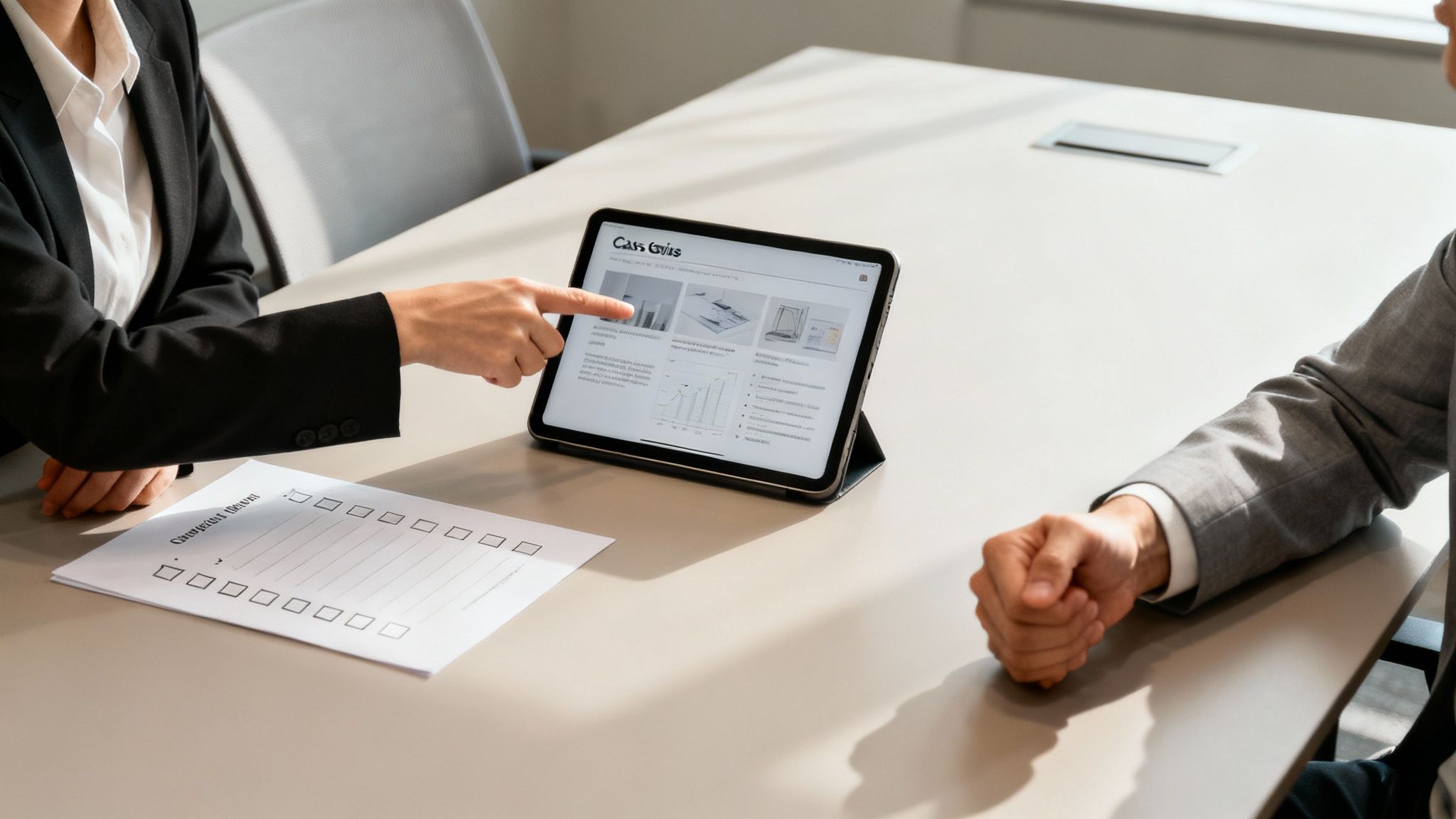 A group of people collaborating around a table, pointing at charts and diagrams on a tablet.