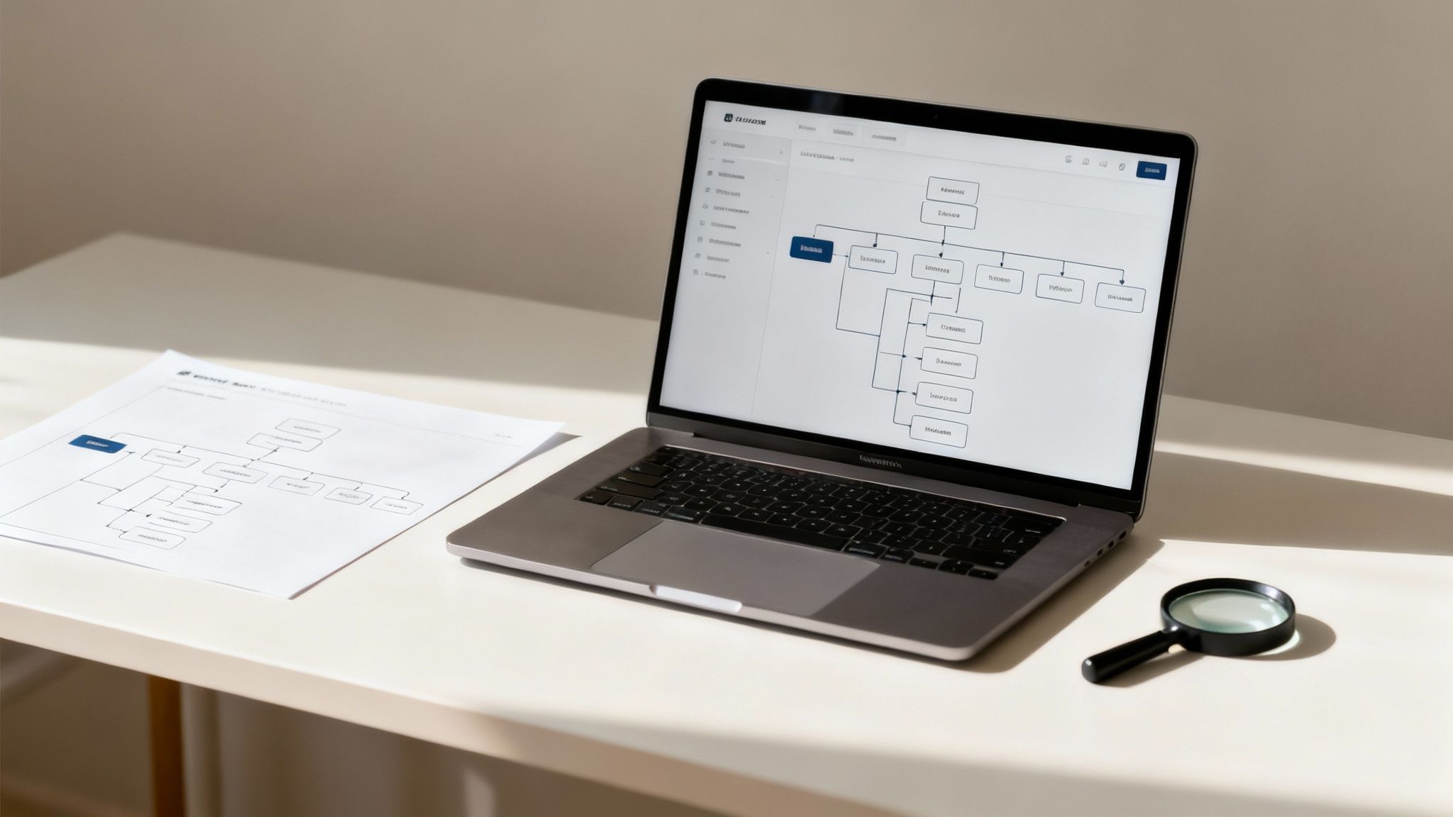 A laptop displays a workflow diagram next to a printed document and a magnifying glass on a white desk.