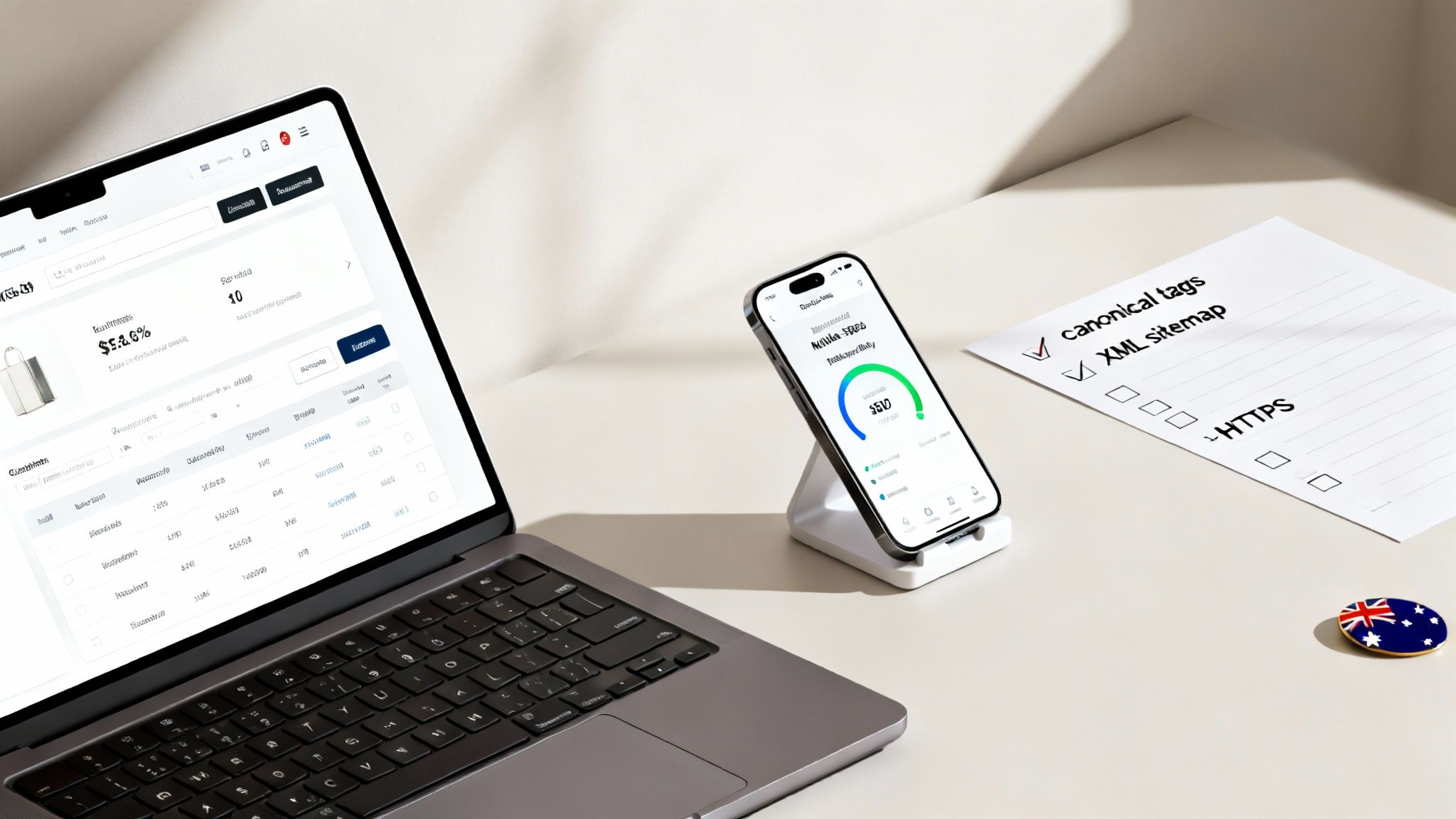 SEO professional's desk with laptop, smartphone showing metrics, and a checklist for website optimization.