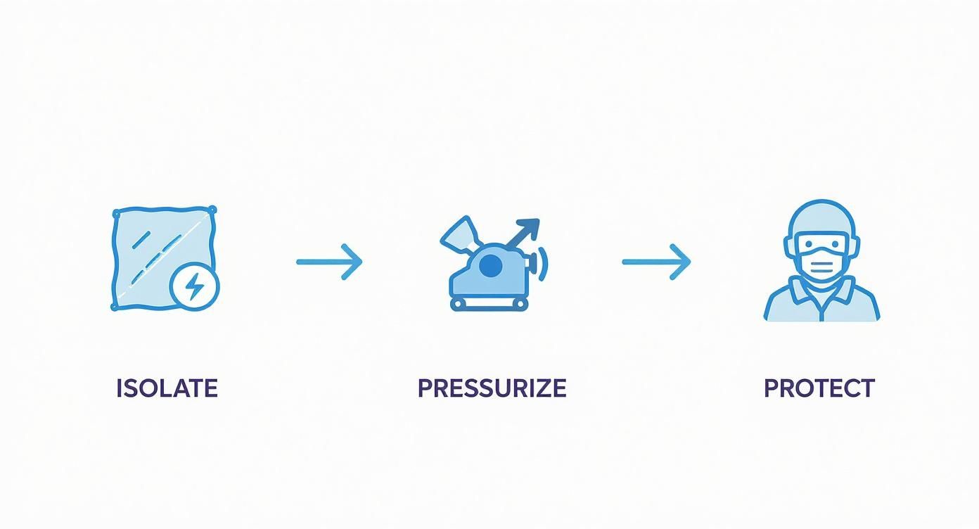 A process diagram showing icons for 'isolate' an area, 'pressurize' with a fan, and 'protect' a person wearing a mask.
