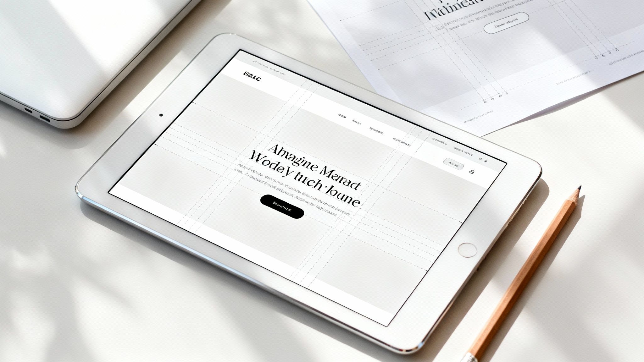 A white tablet displaying a modern web design with grid lines, alongside a laptop and pencil.