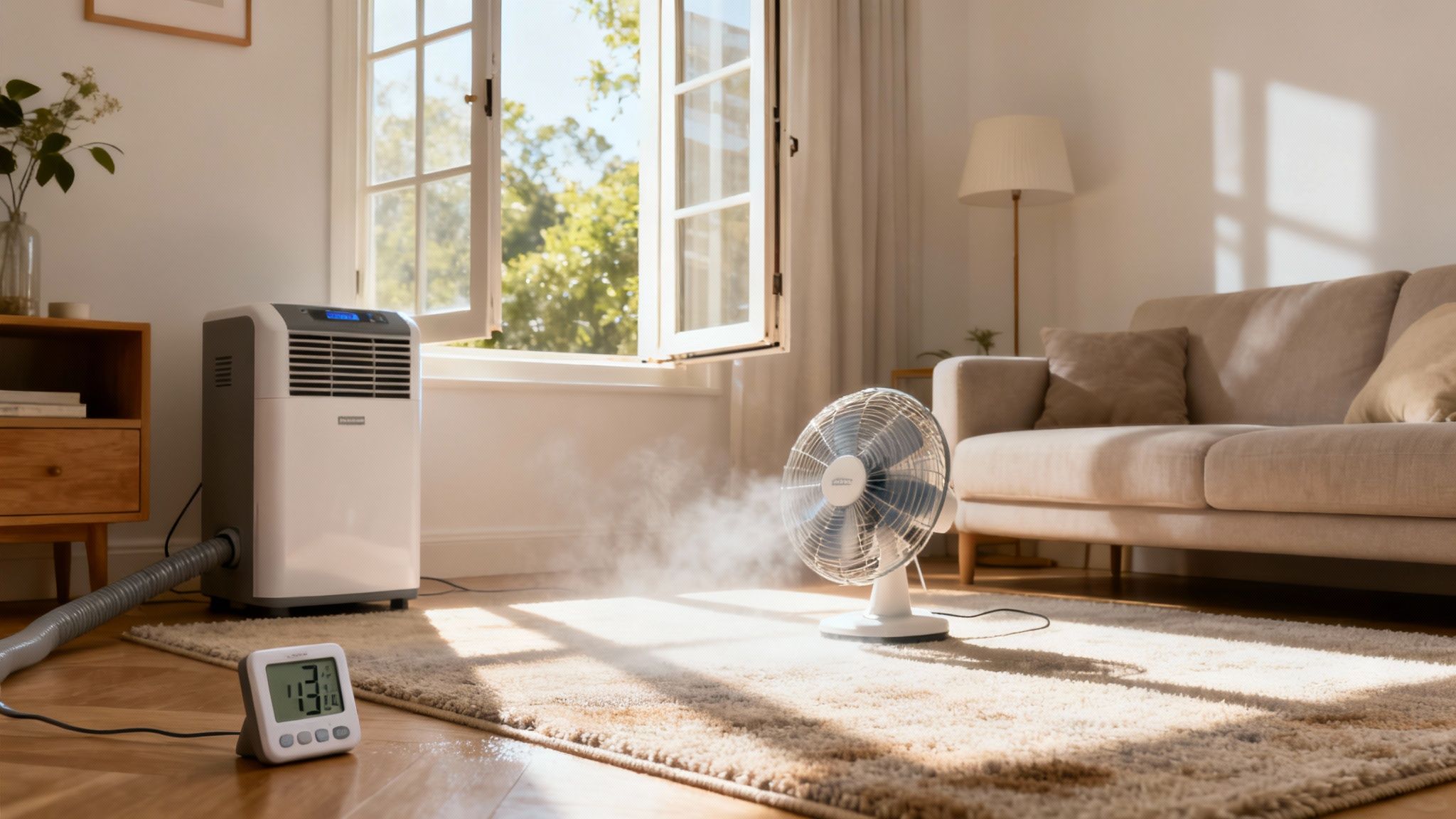 A large industrial fan and a dehumidifier working together to dry a freshly cleaned carpet in a commercial space.