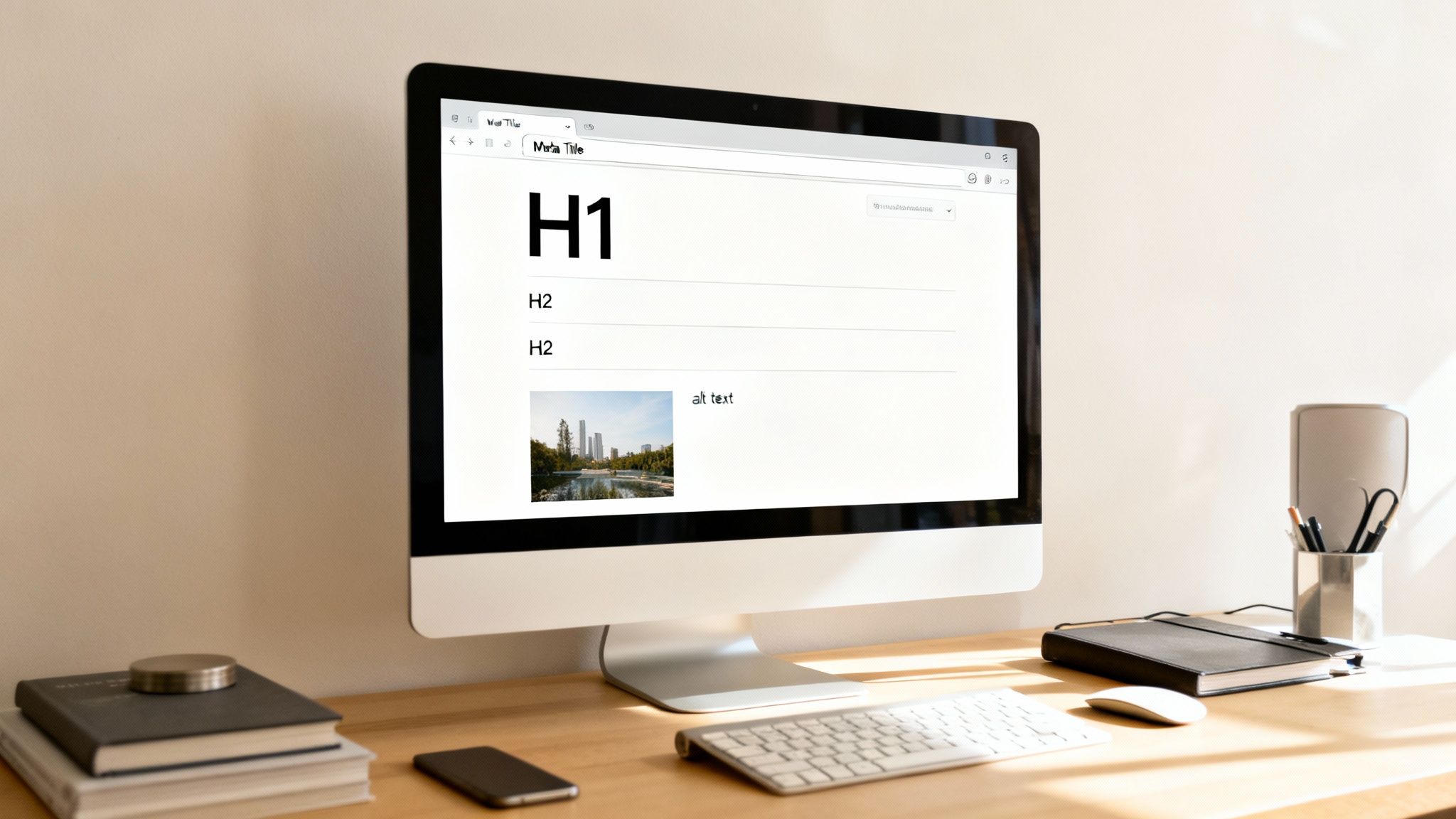 A desktop computer displaying a website with H1, H2 headings and alt text, optimizing for SEO.