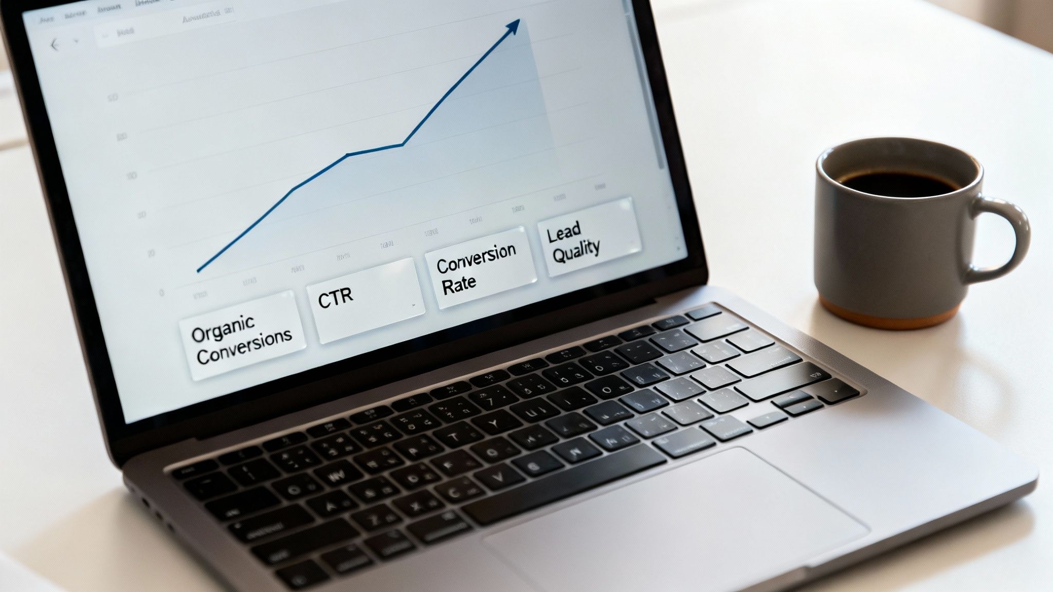 Laptop screen showing an upward trend graph for organic conversions, CTR, conversion rate, and lead quality, with a coffee mug.