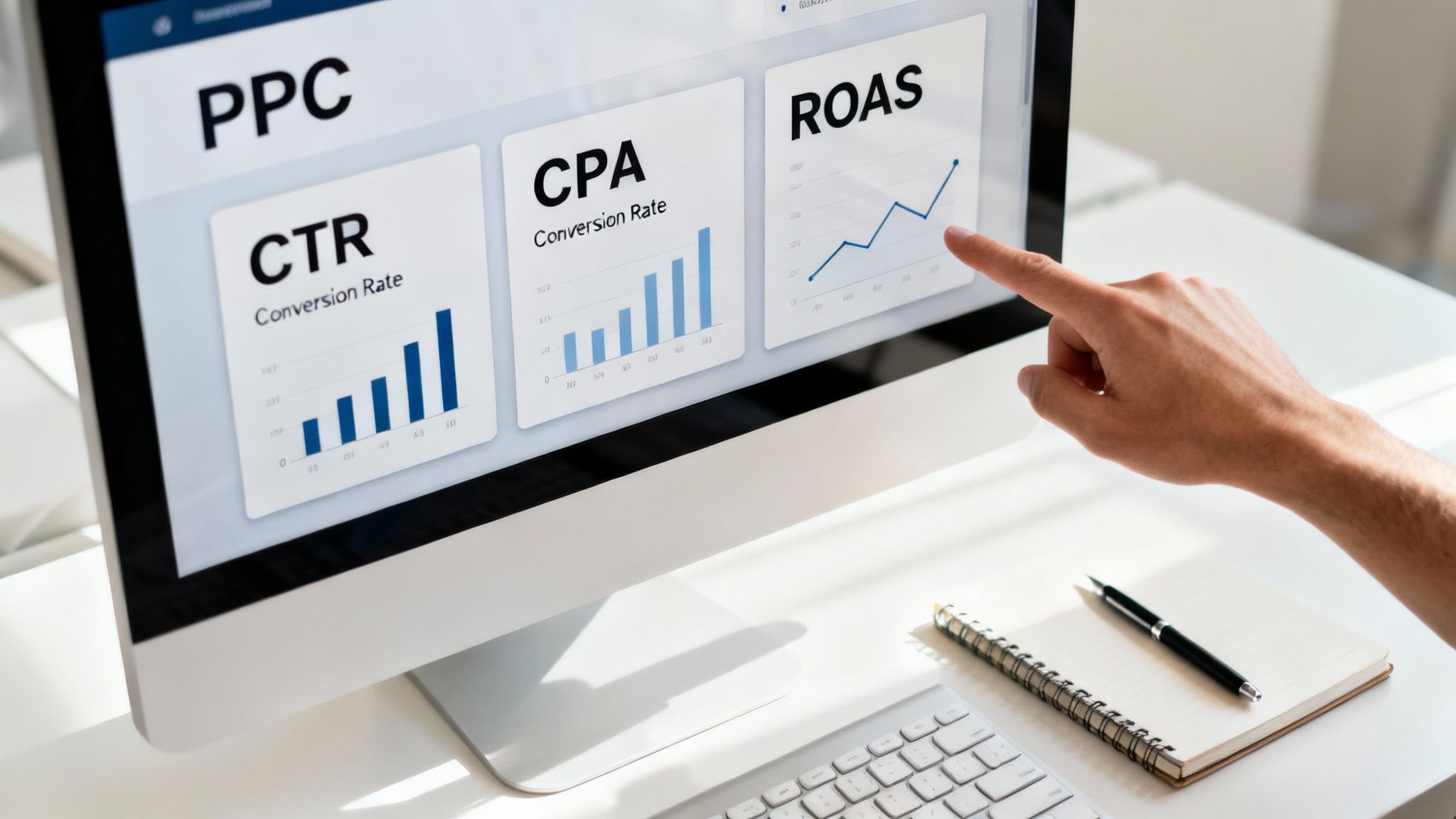 Person pointing at computer screen displaying PPC, CTR, CPA and ROAS marketing metrics with upward trending graphs
