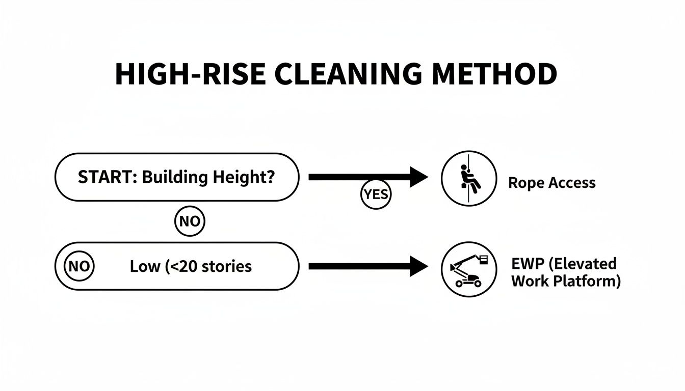 Flowchart outlining high-rise cleaning methods: Rope Access for tall buildings and Elevated Work Platform for low-rise structures.