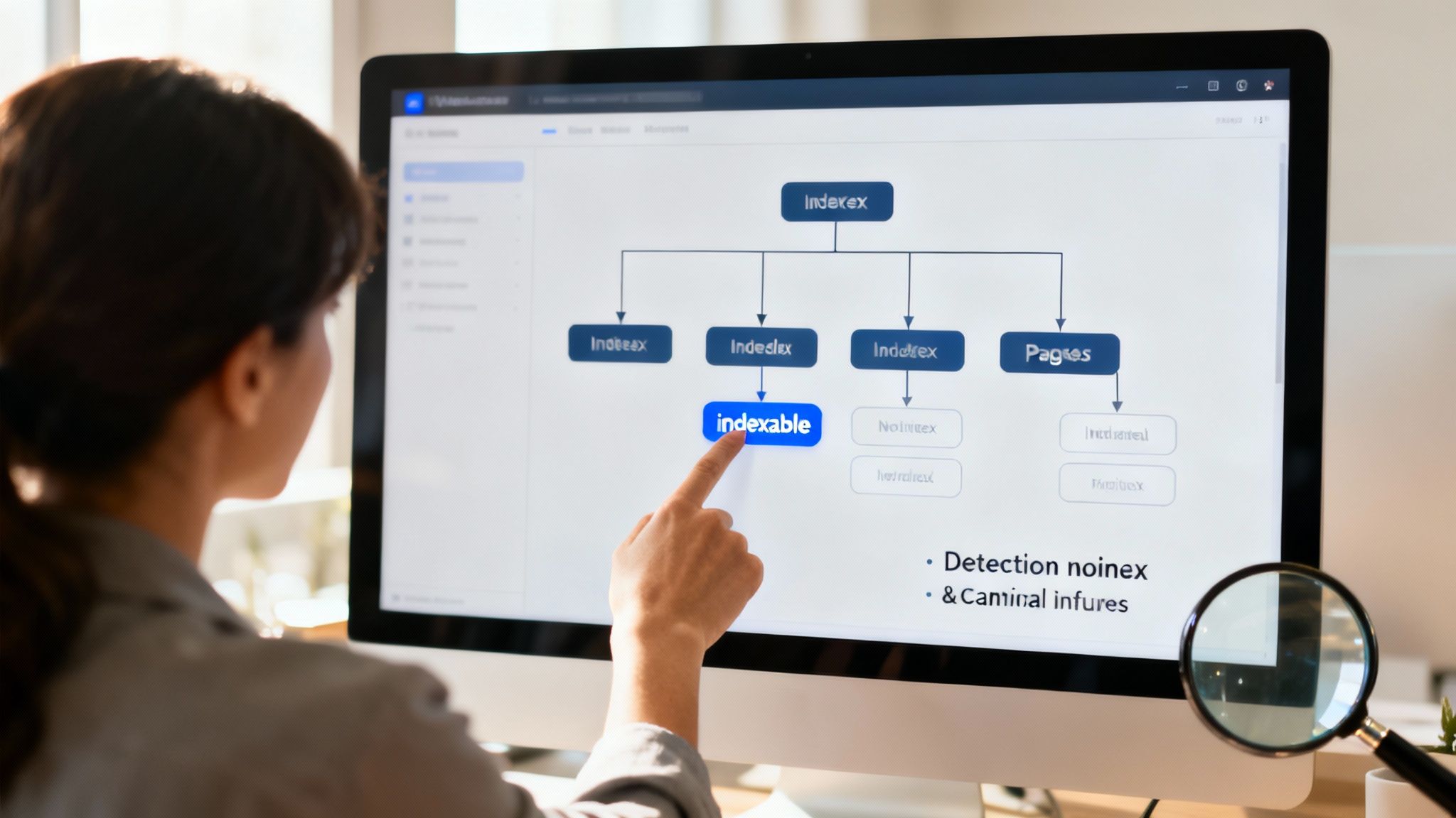 A person points to an 'indexable' box in a technical SEO flowchart on a computer screen.