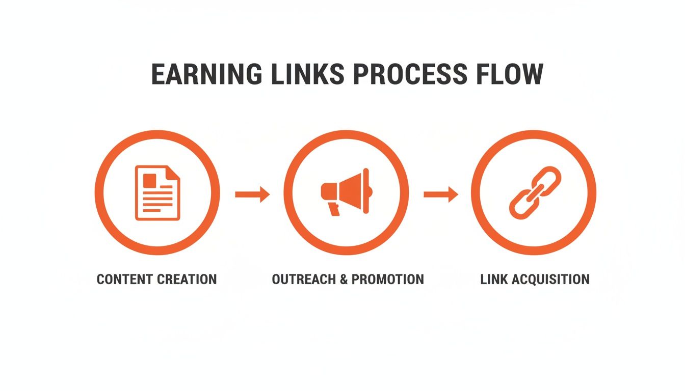 Process flow diagram showing three steps for earning links: content creation, outreach & promotion, and link acquisition.