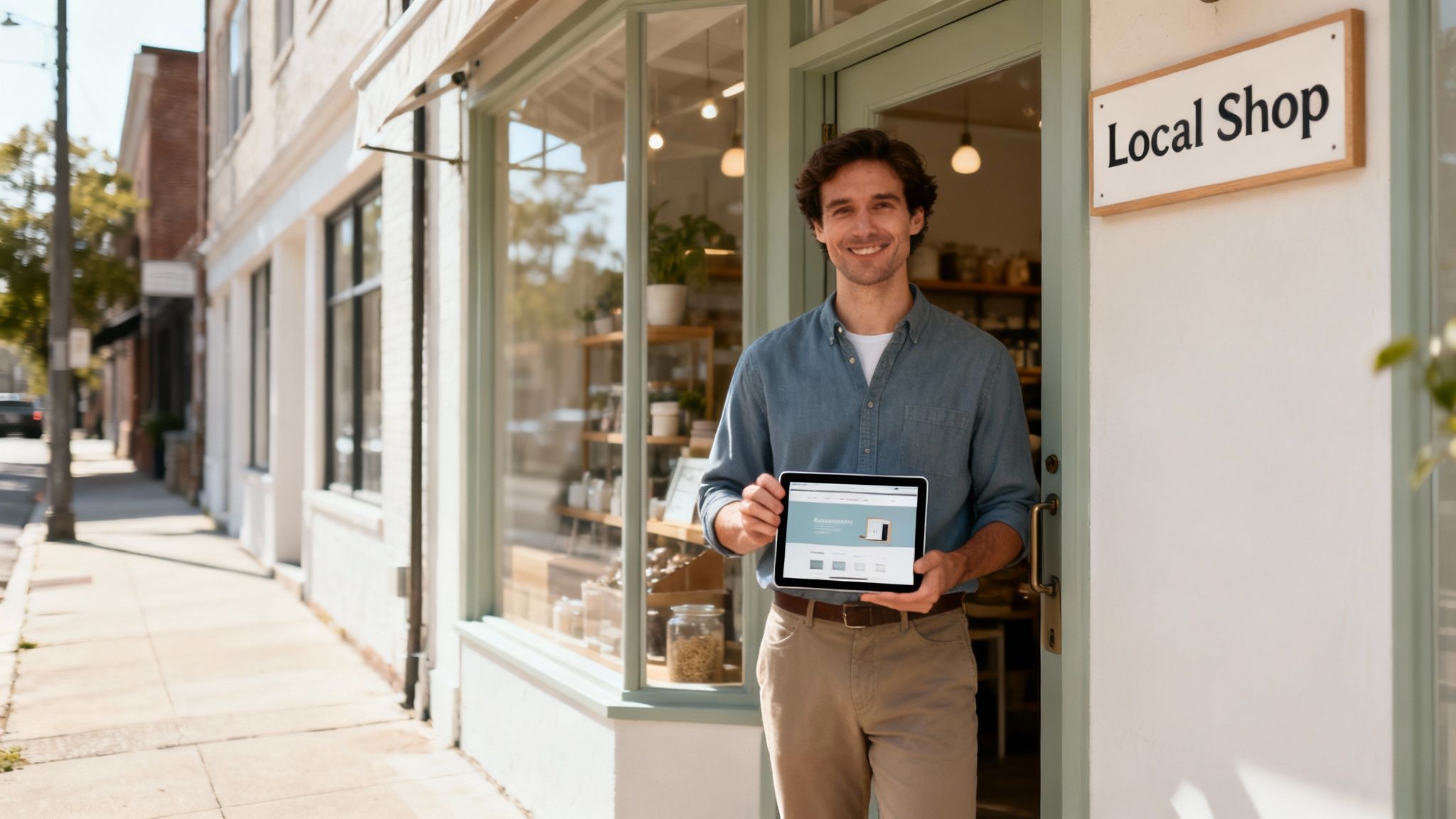 A person working on a laptop with charts and graphs in the background, representing small business SEO strategy.