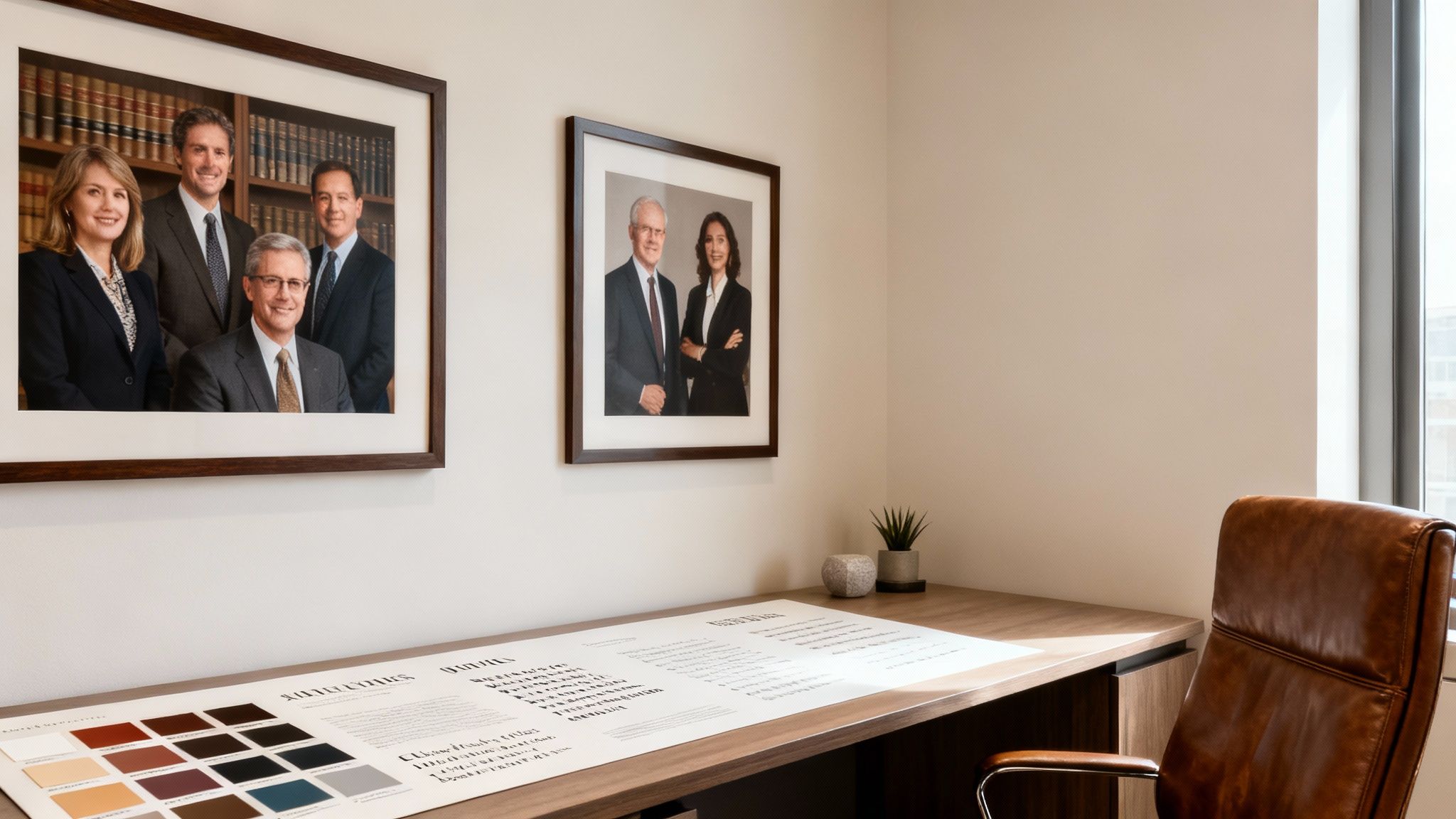A professional law office interior featuring framed portraits, a wooden desk, and a brown leather chair.