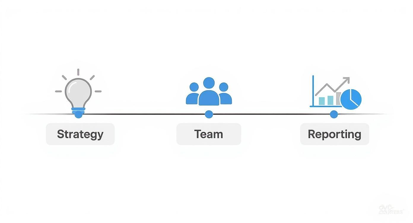Process flow with icons for Strategy (lightbulb), Team (people), and Reporting (charts).