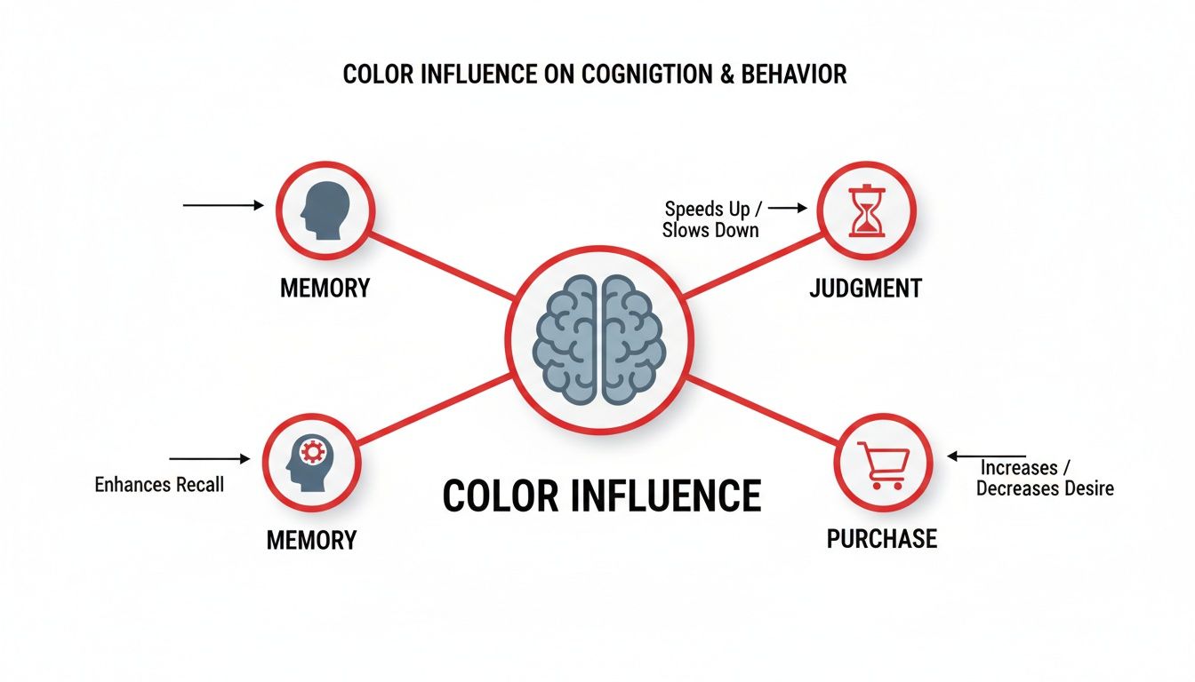 Diagram illustrating how color influences cognition and behavior, affecting memory, judgment speed, and purchase desire.