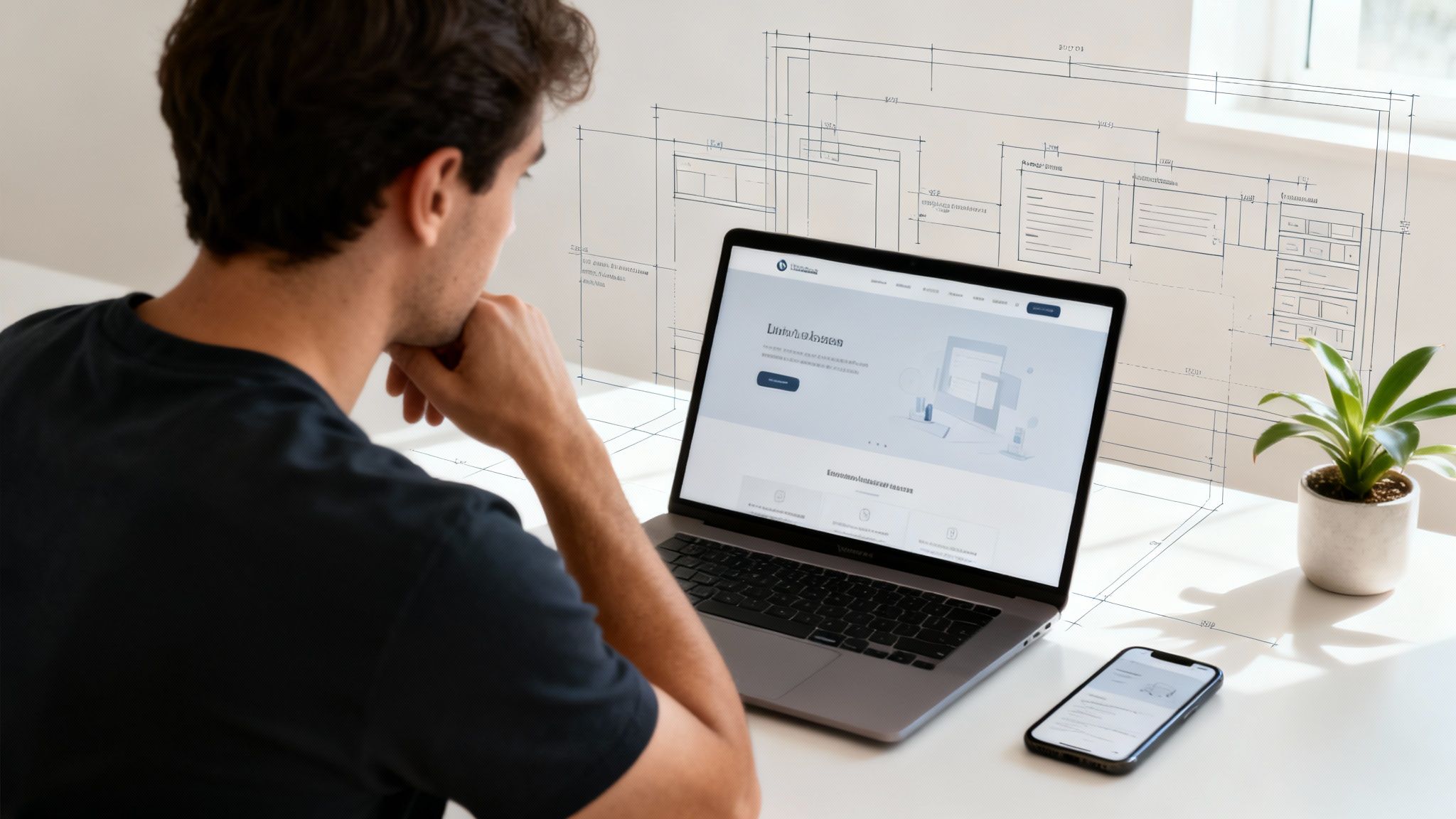 Young man contemplating web design on a laptop screen with architectural plans overlaid in background.