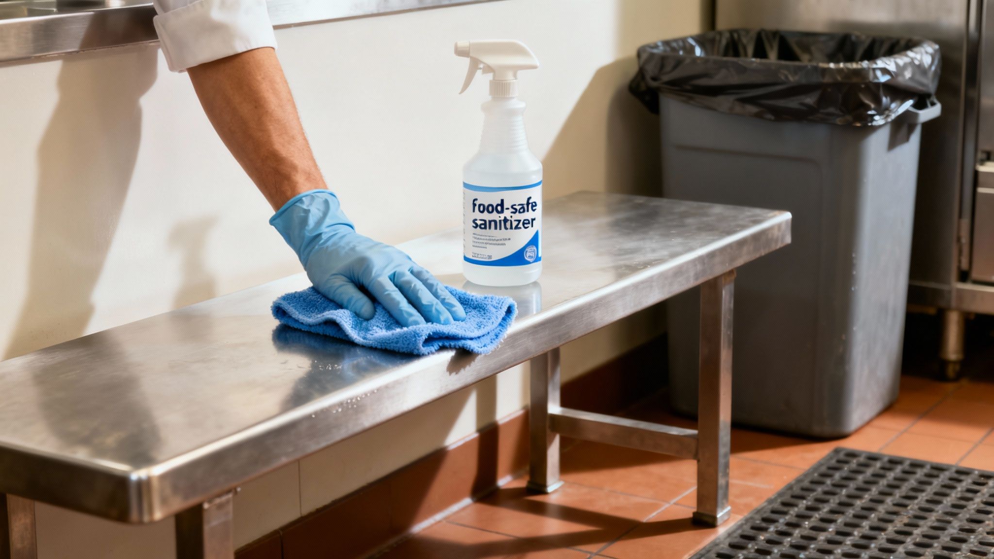 Workers performing a deep clean of a commercial kitchen