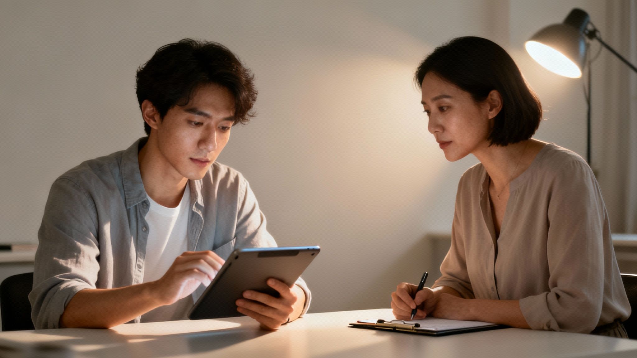 A user participating in a usability testing session, interacting with a prototype on a screen while a researcher observes.