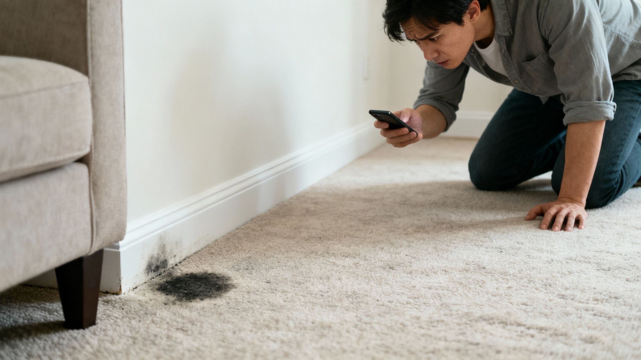 A close-up view of dark mould spots on a light-coloured carpet.