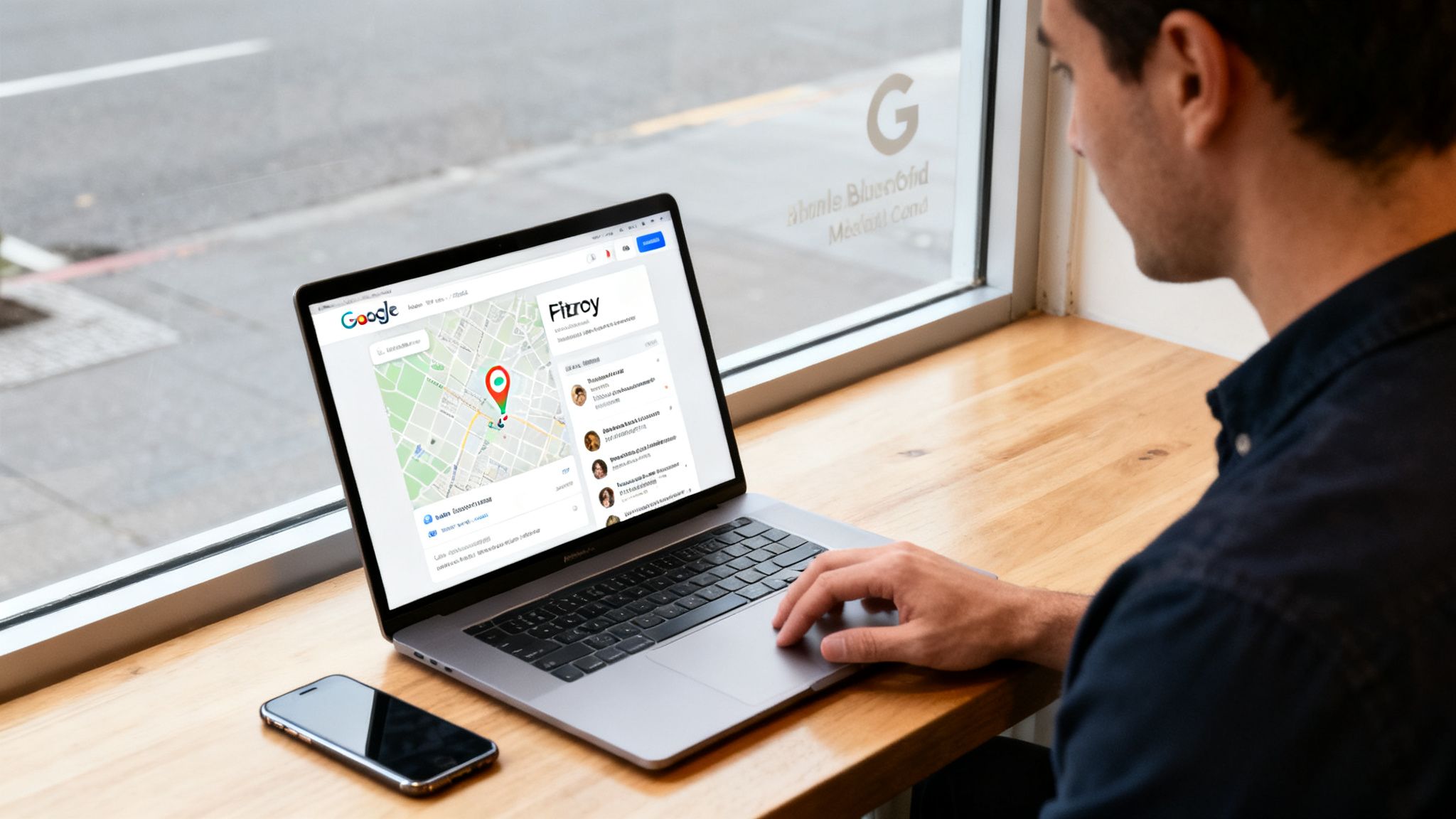 Man using a laptop to view Google Maps showing Fitzroy, Melbourne, with a smartphone nearby.