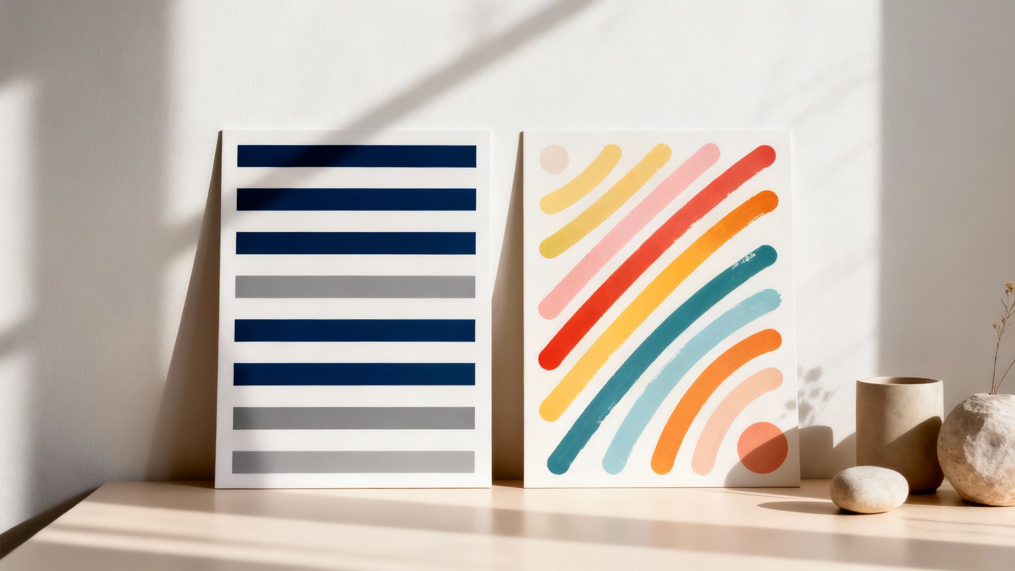 Two abstract art prints with stripes in navy, gray, and rainbow colors, leaning against a white wall.