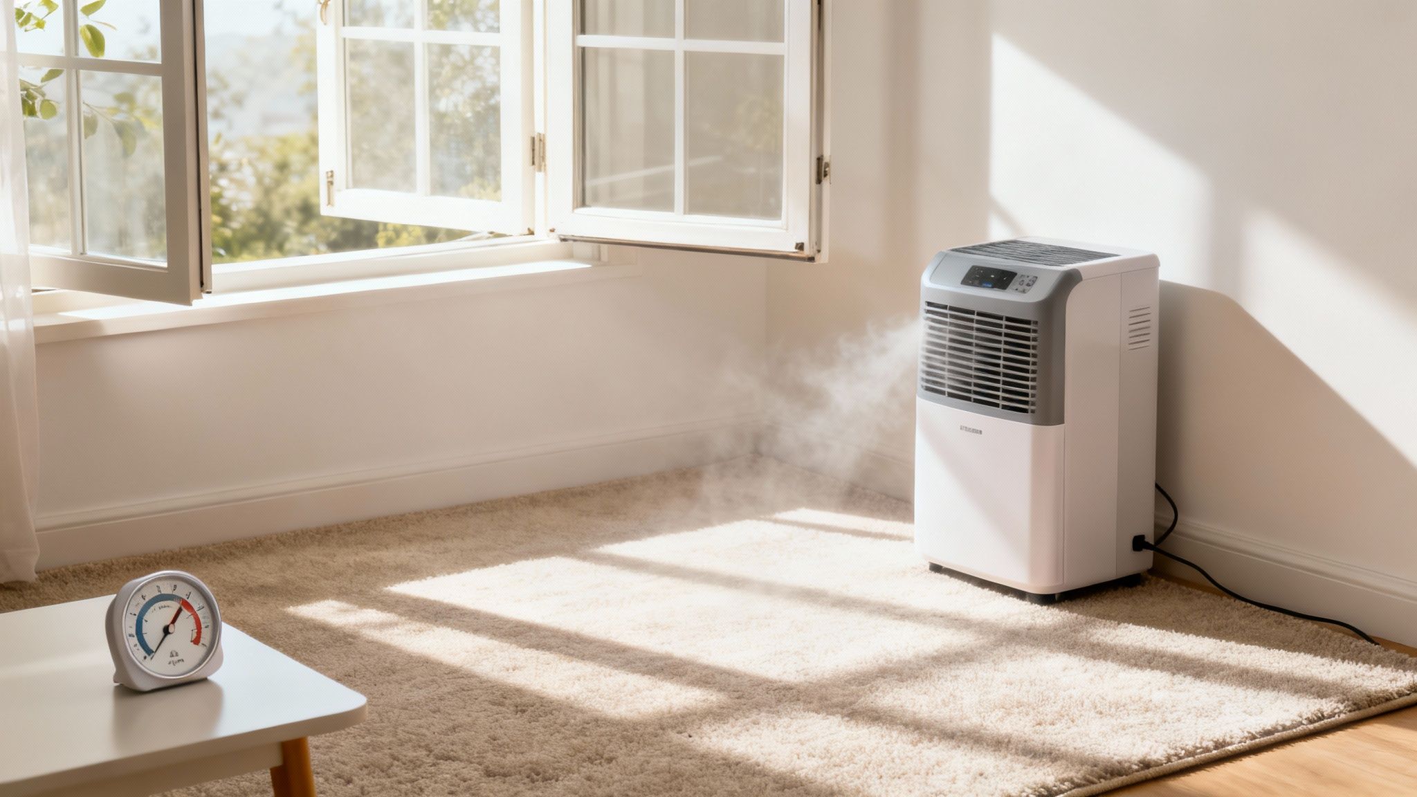 A modern living room with a clean carpet, large windows letting in natural light, and a dehumidifier in the corner.