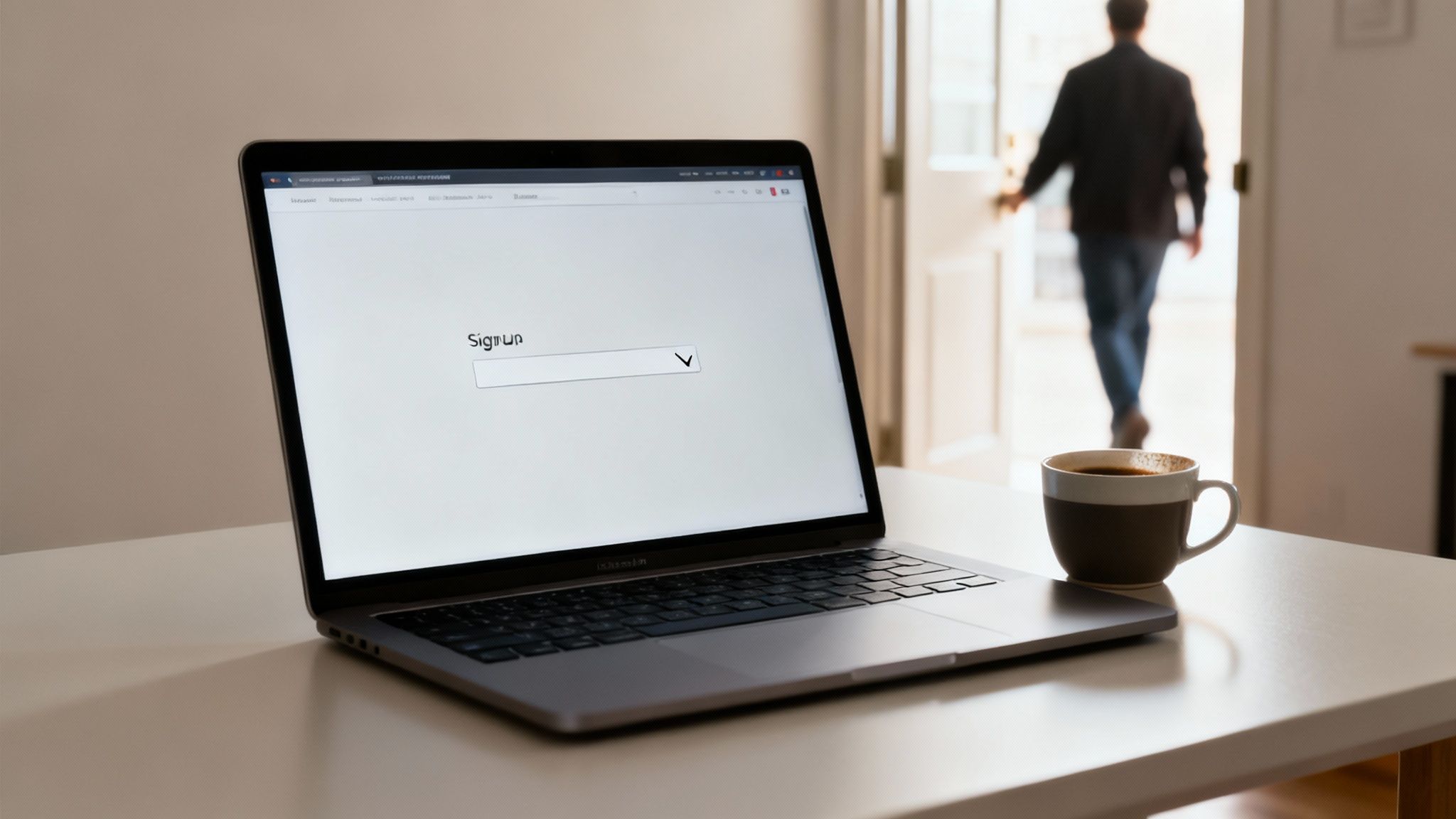 Laptop displaying sign up page on desk with coffee cup and person walking away