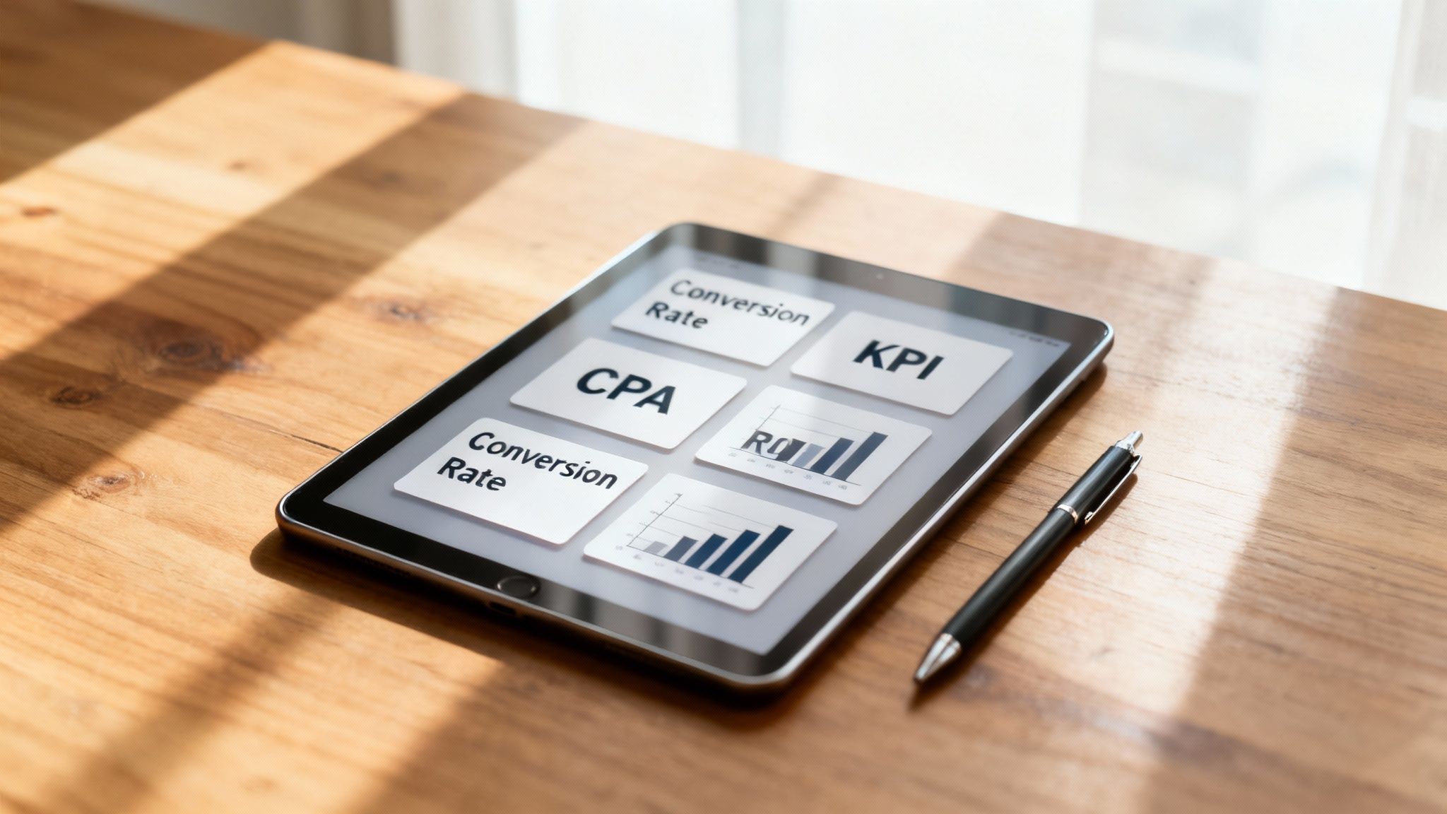 A tablet displays digital marketing metrics like conversion rate, CPA, KPI, and ROI on a wooden desk.